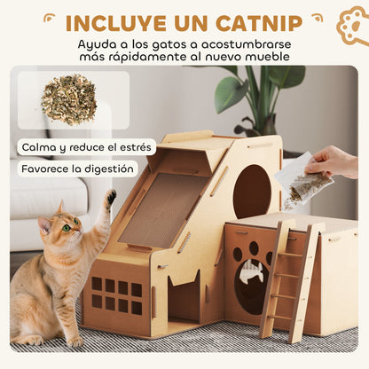 Pawhut Rascador Cartón Para Gatos Forma Castillo 2 En 1 67x66x57 Cm Marrón_5