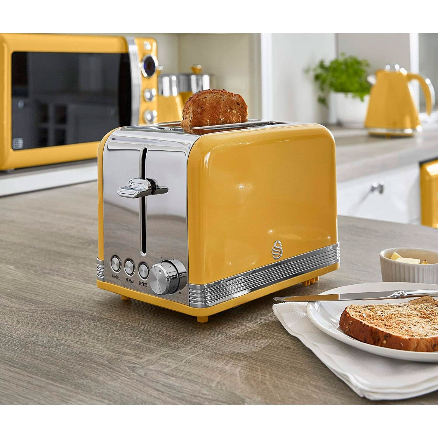 Swan Retro Set Desayuno Hervidor De Agua 1,8 L Inalámbrico, Tostadora 2 Rebanadas Anchas,vintage,stp7050yelneu,amarillo_1