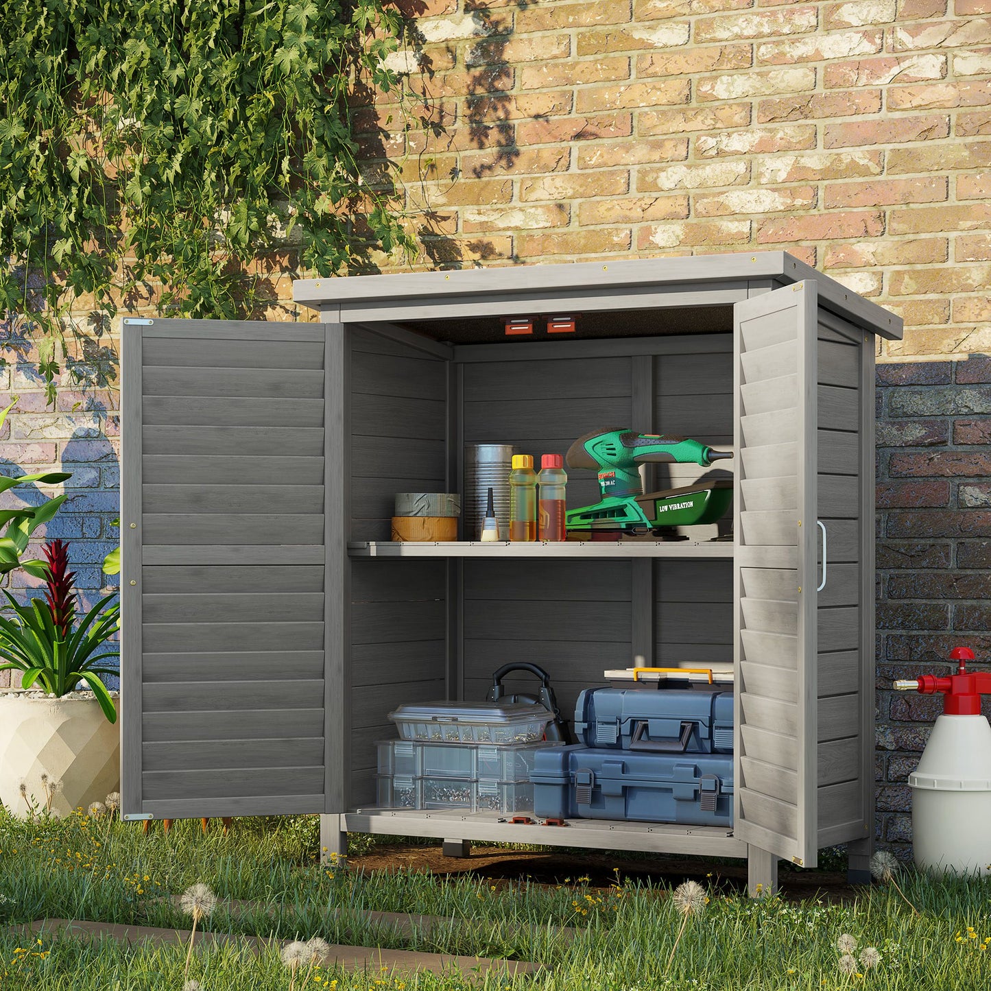 Outsunny Cobertizo Almacenamiento Madera Jardín 2 Estantes Interiores Gris_1