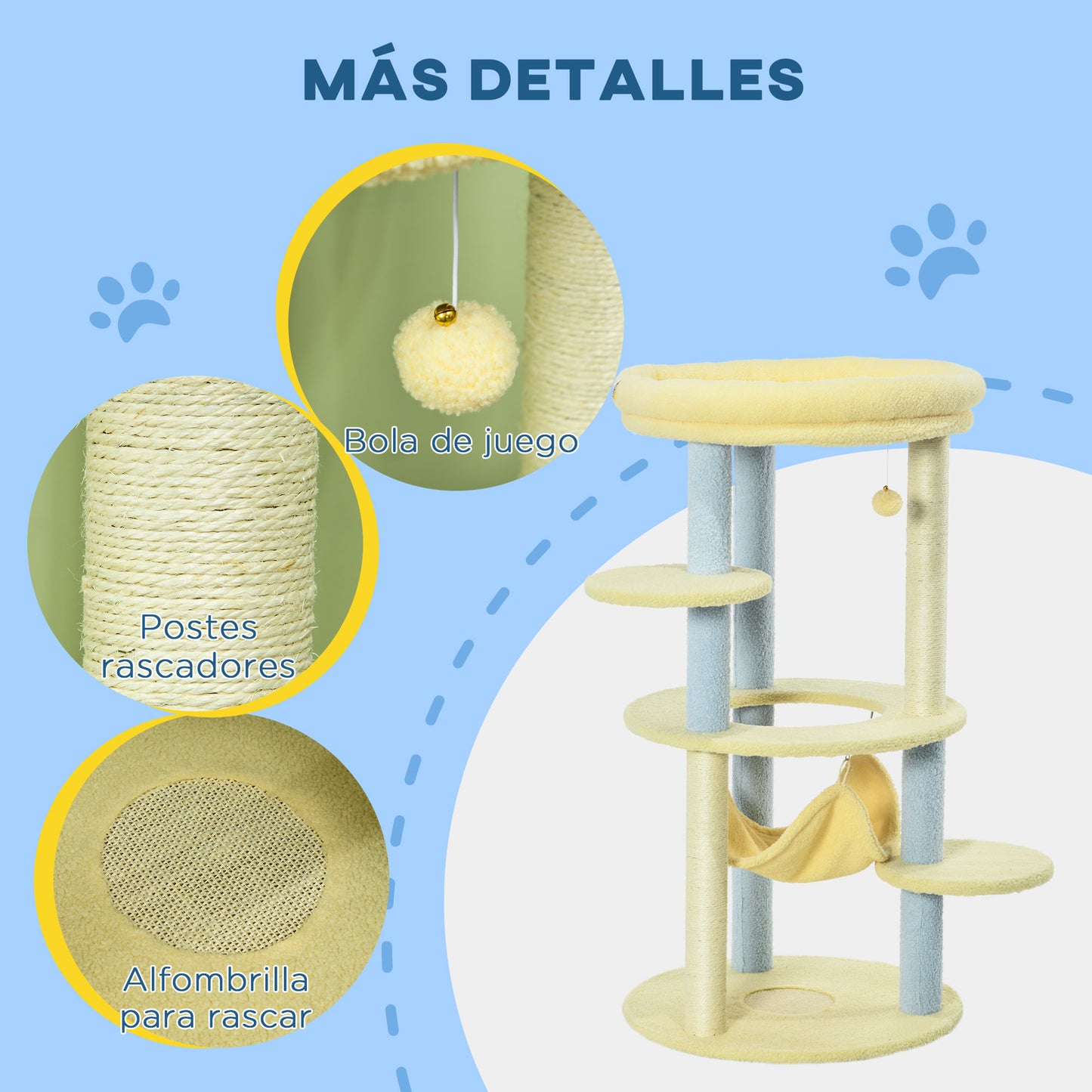 Pawhut Árbol Rascador Para Gatos Mediano 110 Cm Ø58x110 Cm Amarillo Y Azul_5
