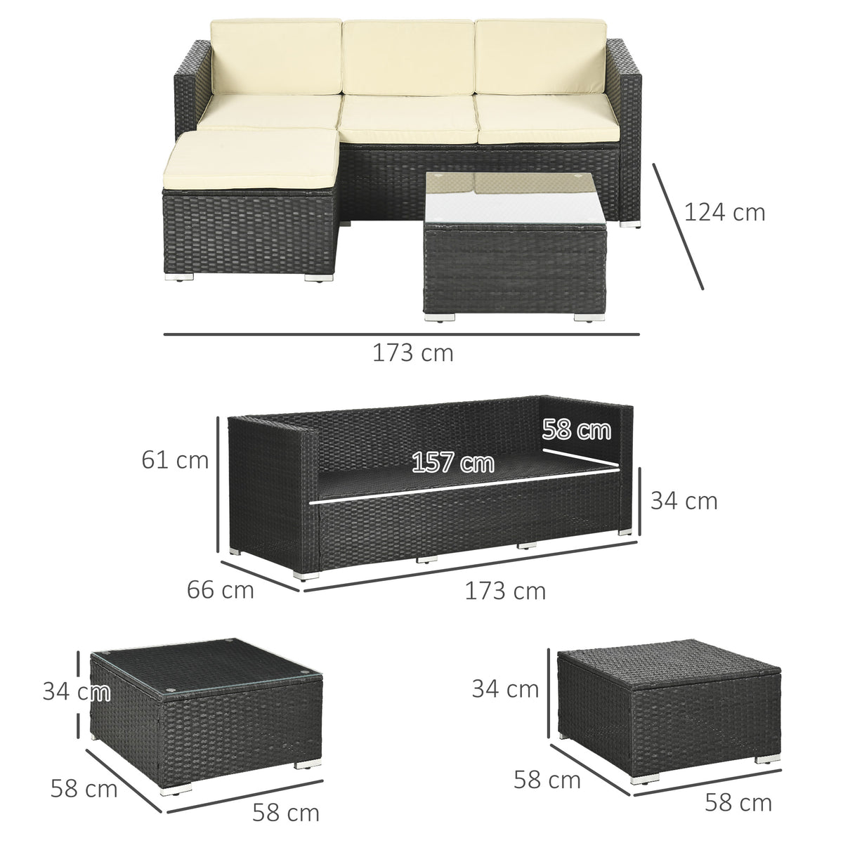 Muebles De Ratán Outsunny Ratán Pe, Poliéster, Acero Galvanizado Negro 173x66x61 Cm_2
