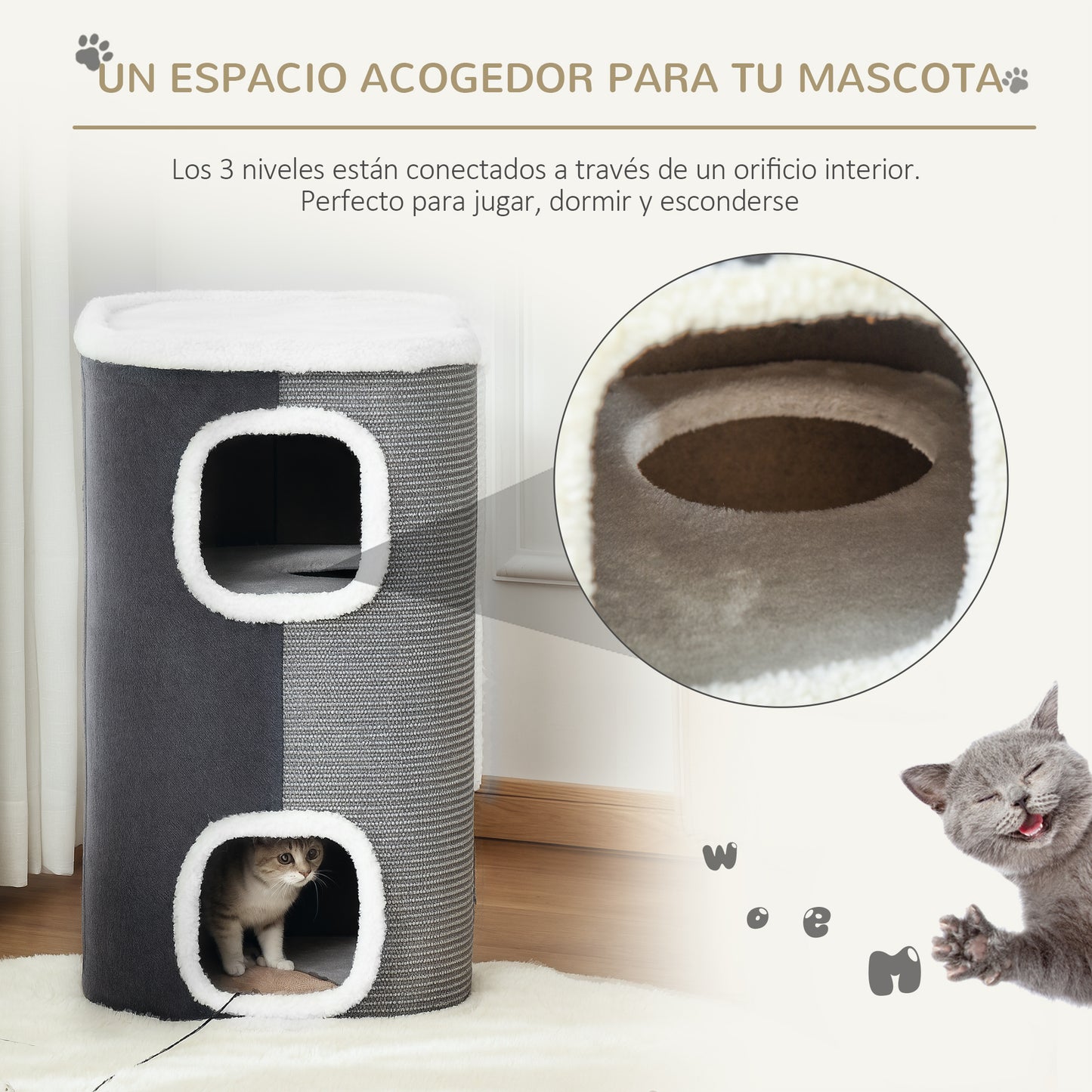 Pawhut Barril Rascador Para Gatos De 2 Niveles Con Cuevas De Sisal Felpa Suave Y Plataforma De Vellón 40x40x49 Cm Gris_3