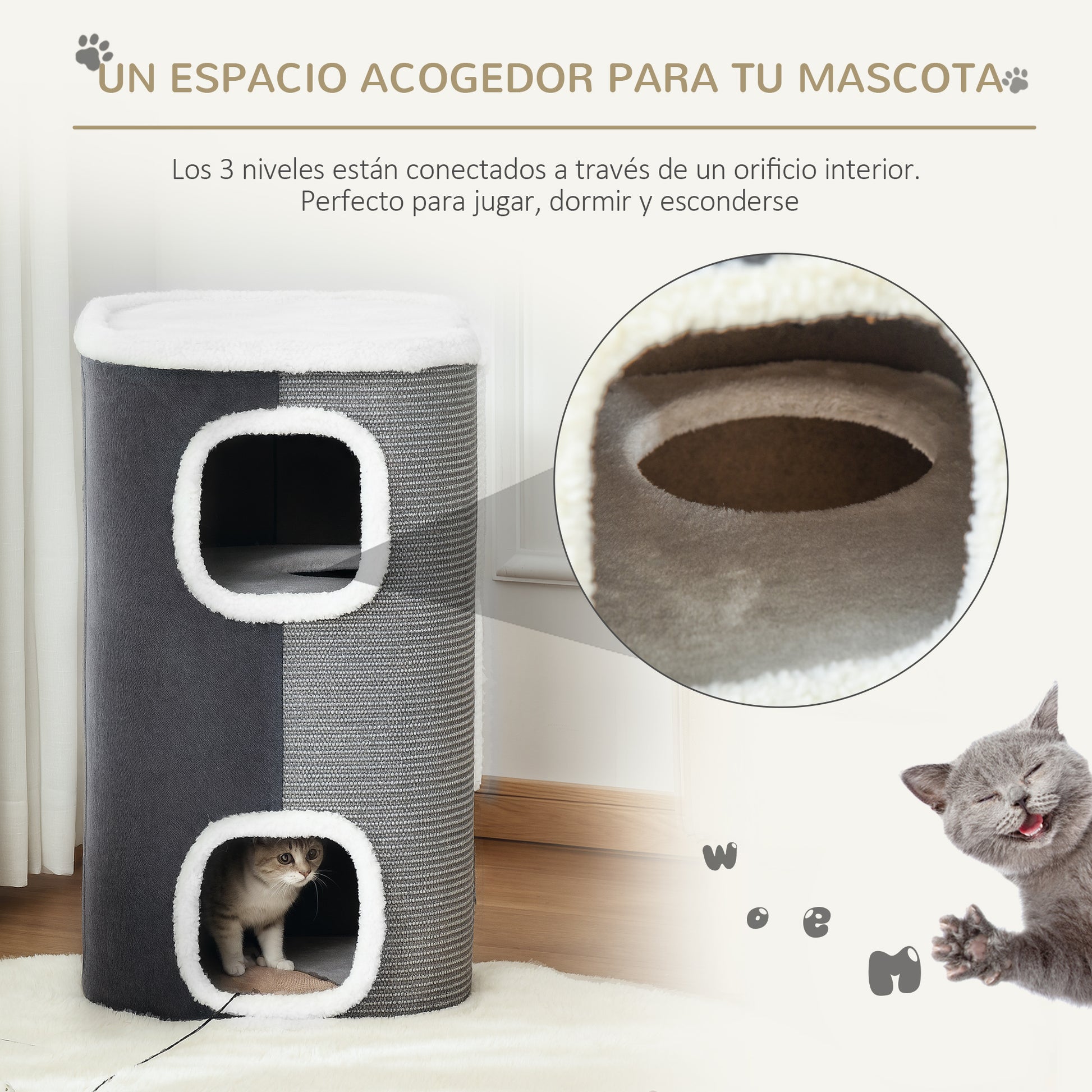 Pawhut Barril Rascador Para Gatos De 2 Niveles Con Cuevas De Sisal Felpa Suave Y Plataforma De Vellón 40x40x49 Cm Gris_3