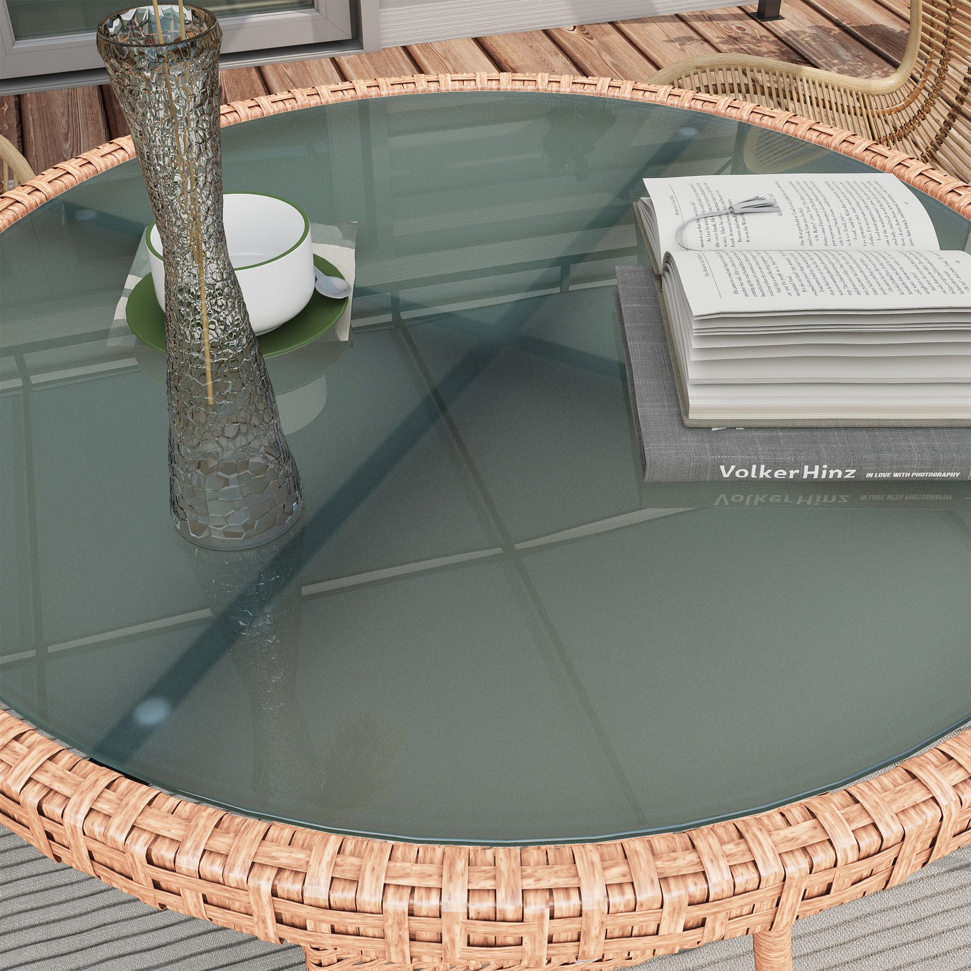 Outsunny Mesa De Ratán Redonda Ø80x75 Cm Con Estante Patas Ajustable Natural_3