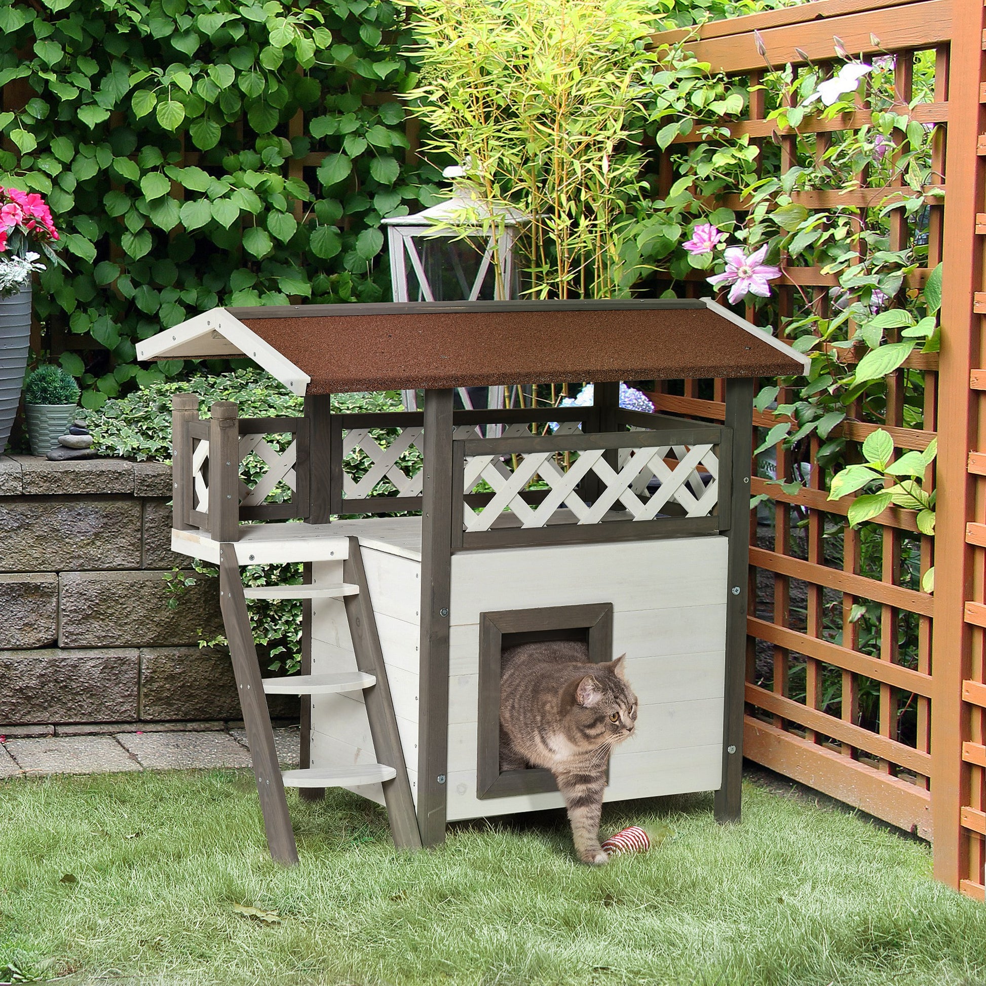 Pawhut Caseta Para Gatos De Madera 77x50x73cm Con Techo Terraza Vallada Blanco_1