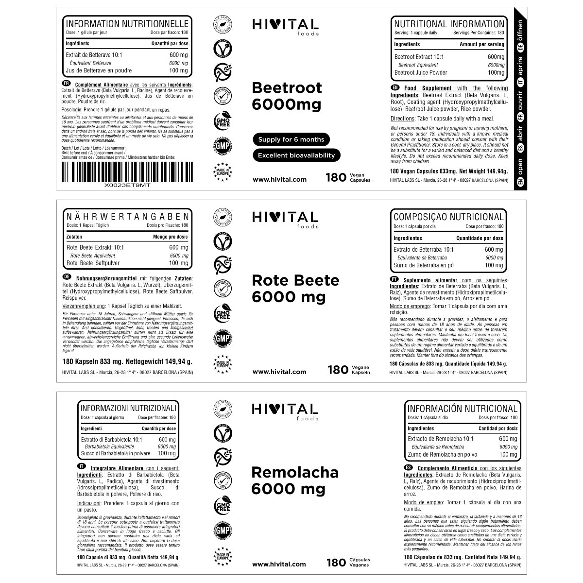 Remolacha 6000 mg Hivital 180 cápsulas veganas