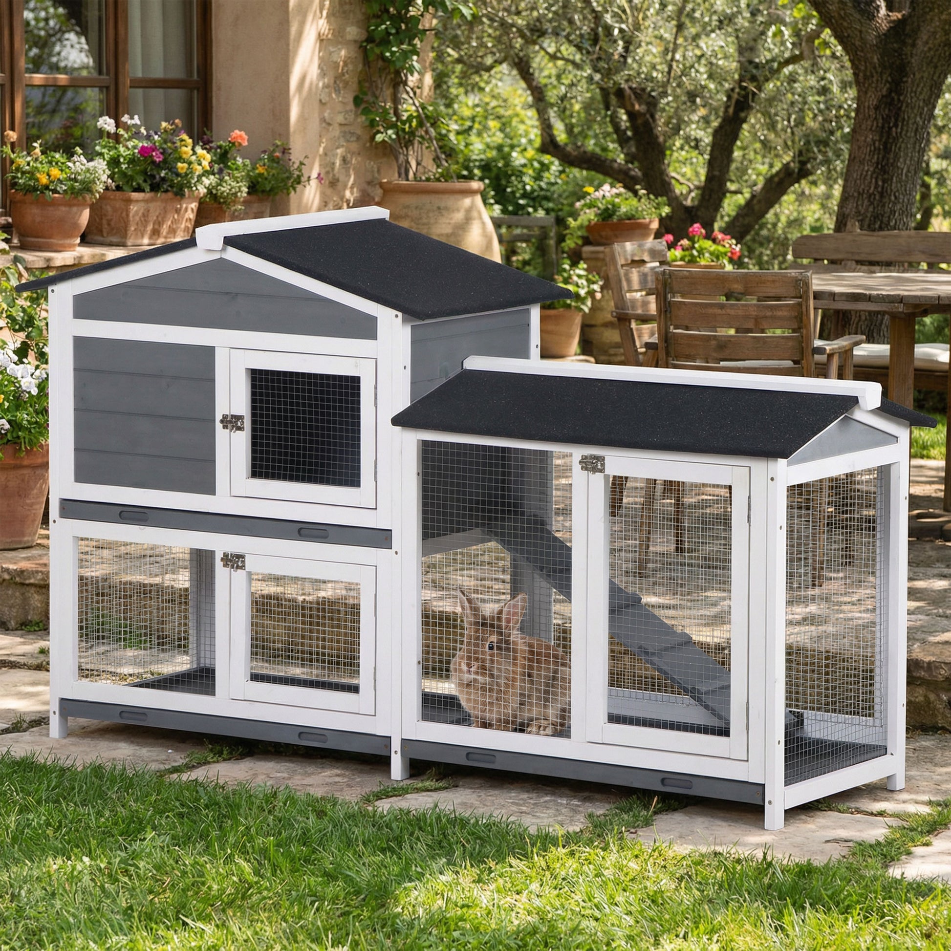 Pawhut Conejera De Madera Exterior Con Techo Asfáltico 157,4x53x93,5cm Gris_1