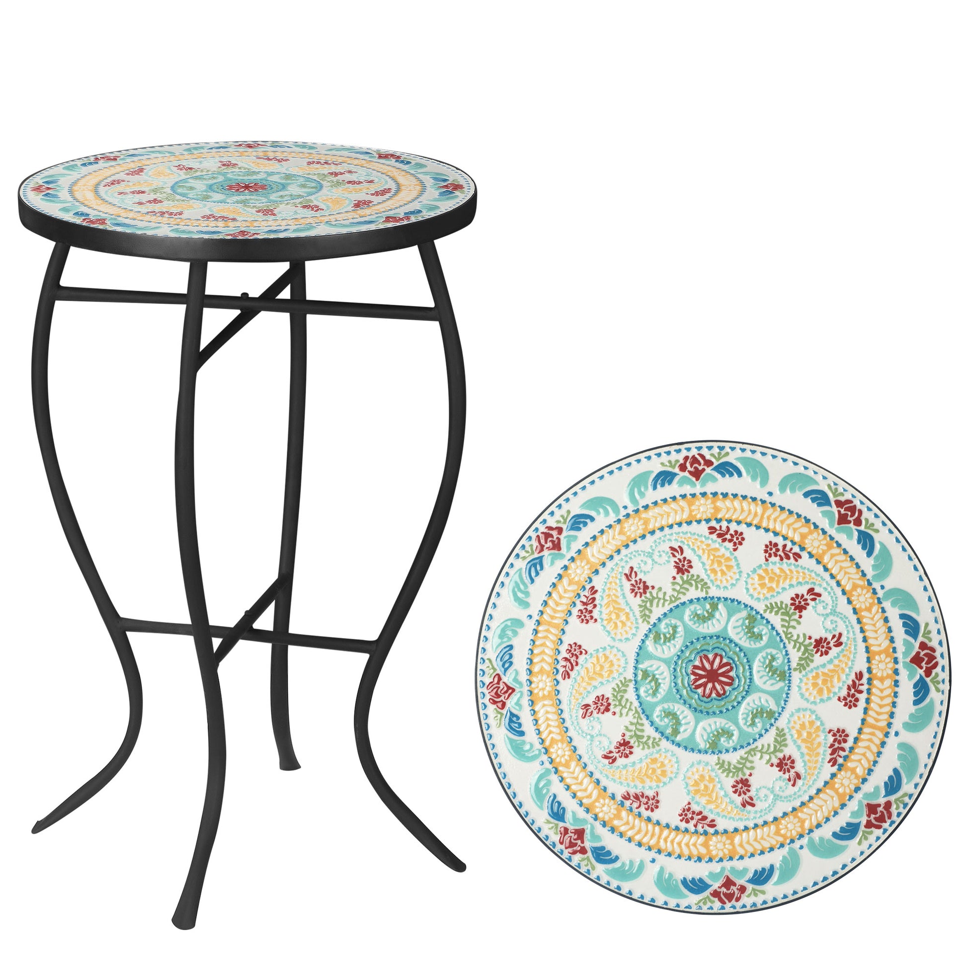 Outsunny Mesa De Jardín Redonda Mesa Auxiliar De Mosaico Con Patas De Metal Para Patio Terraza Exterior Balcón Ø35_0