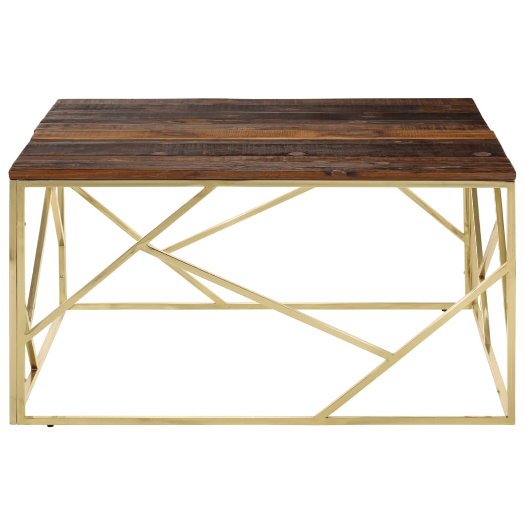 Mesa De Centro Acero Inoxidable Madera Maciza Traviesa Dorado_1