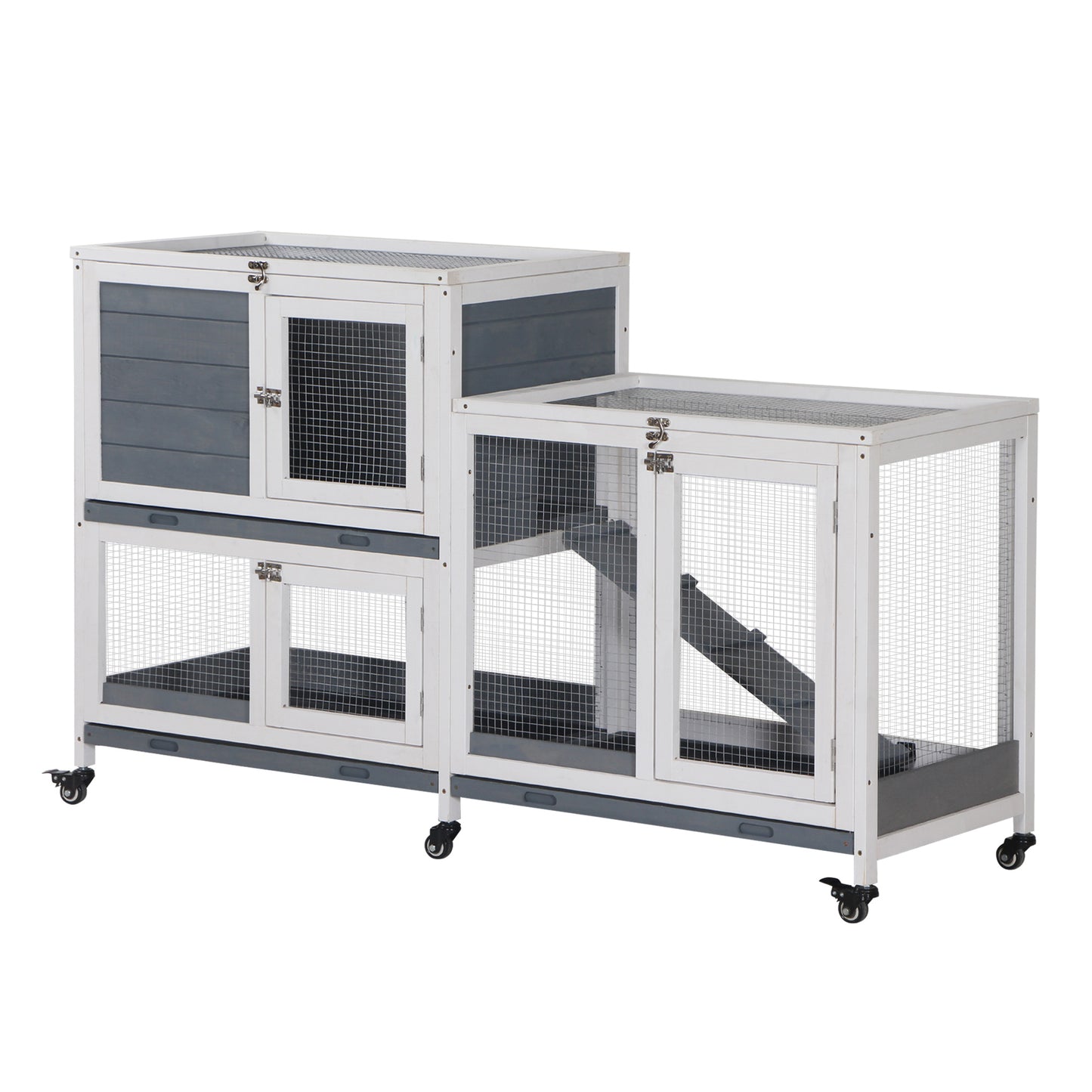 Pawhut Conejera De Madera De Ruedas 147x45,5x88,5cm Con Techo Abrible 2 Corrales_0