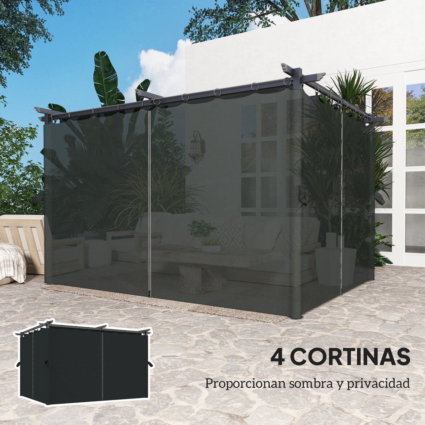 Outsunny Pérgola Con Techo Retráctil 4x3 M Paredes Laterales Anti-uv Gris Oscuro_4