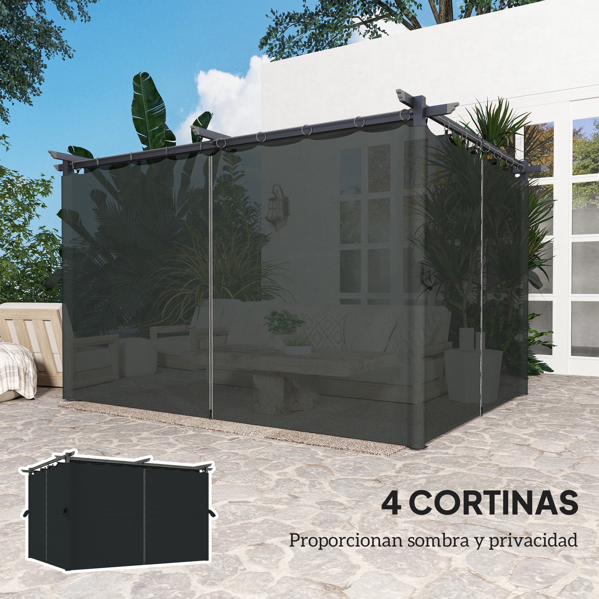 Outsunny Pérgola Con Techo Retráctil 4x3 M Paredes Laterales Anti-uv Gris Oscuro_4