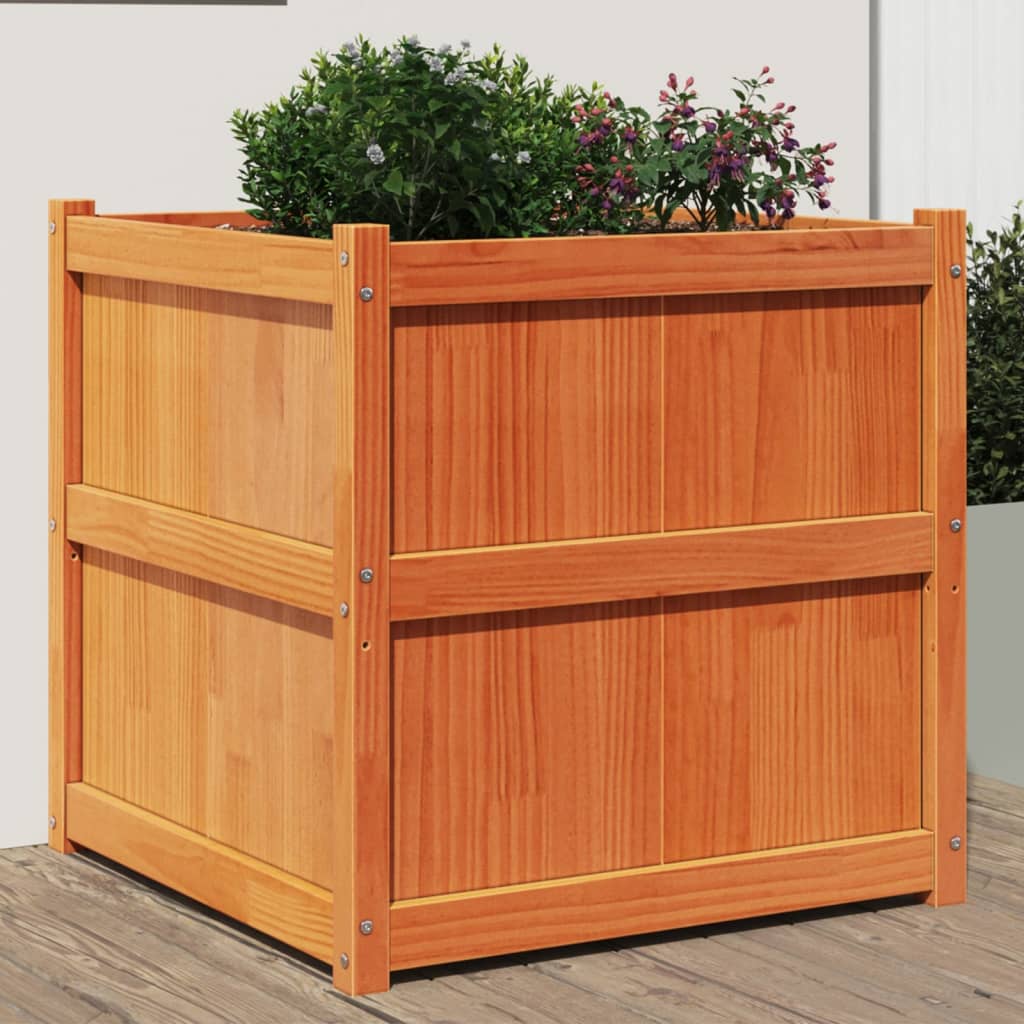 Jardinera Exterior Madera Maciza Pino Marrón Cera 70x70x70 Cm_1