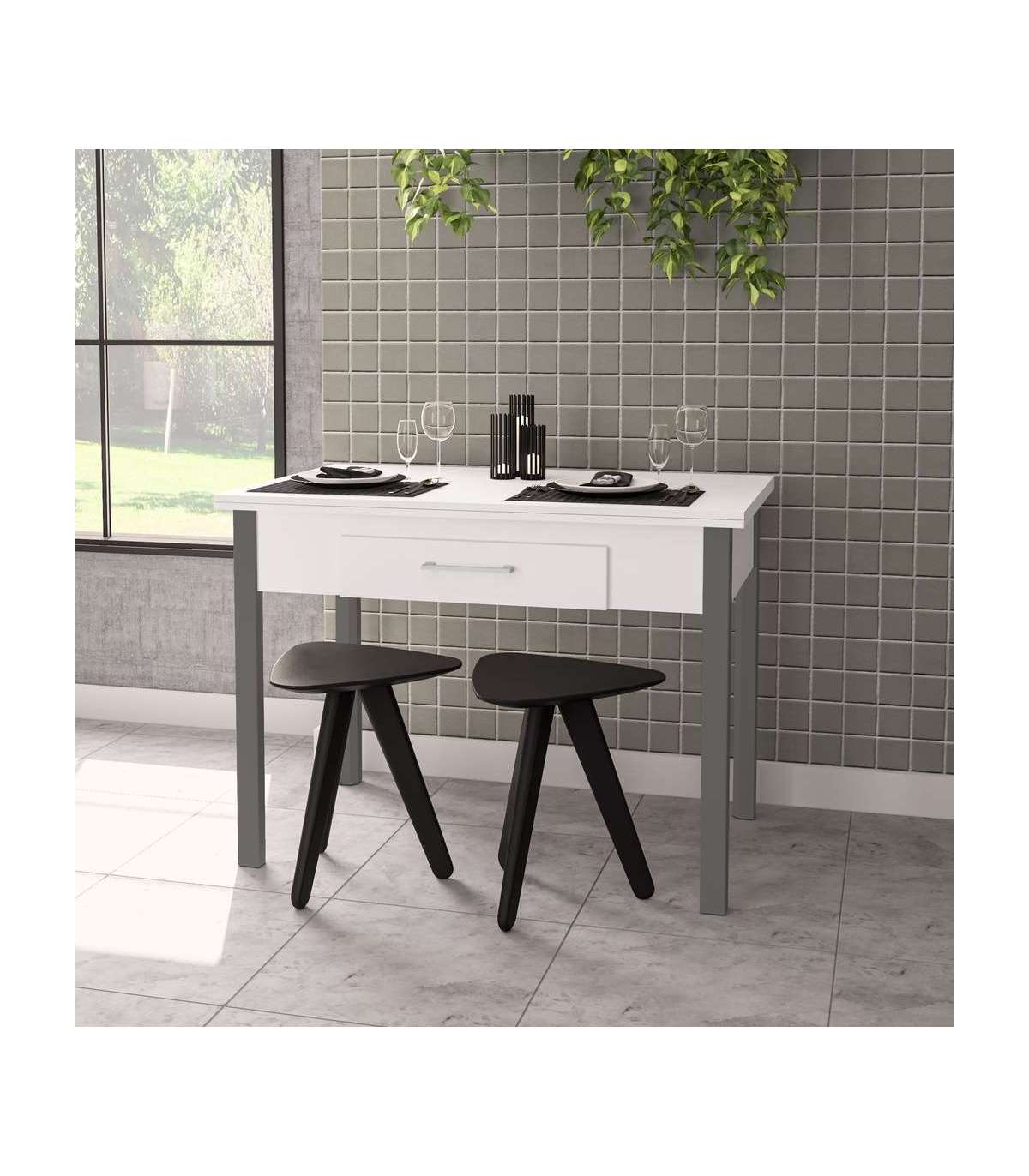 Mesa Para Cocina, Comedor Abatible 2 Cajones Md-bety Acabado Blanco/gris, 110/140cm(ancho)_2