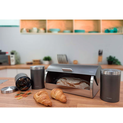 Panera De Mesa +juego 3 Botes Cocina Almacenaje Acero Inoxidable Contenedor De Pan Con Tapa, Briebe, Bb1161, Gris