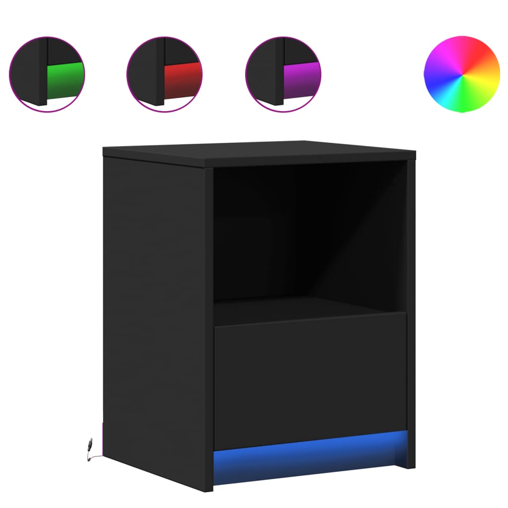Mesitas De Noche Con Luces Led 2 Uds Madera Ingeniería Negra_0