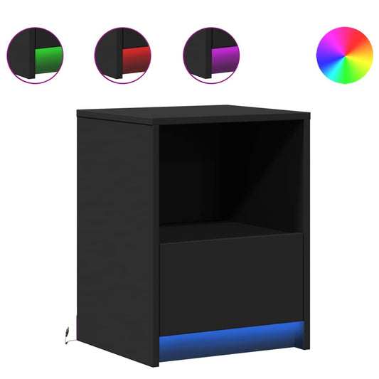 Mesitas De Noche Con Luces Led 2 Uds Madera Ingeniería Negra_0