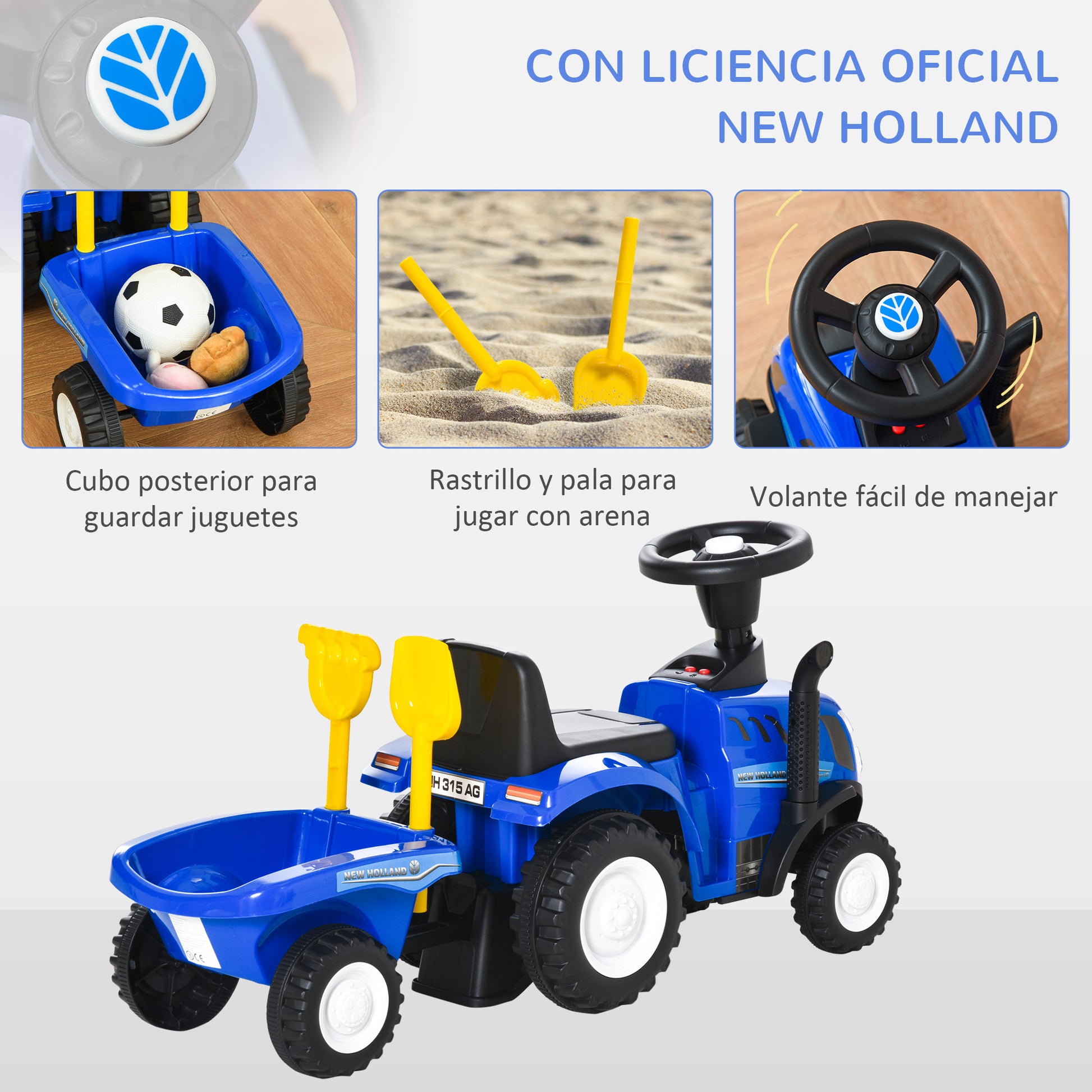 Homcom Tractor Con Remolque Para Niños 12-36 Meses Con Faros Pala Y Rastrillo_4