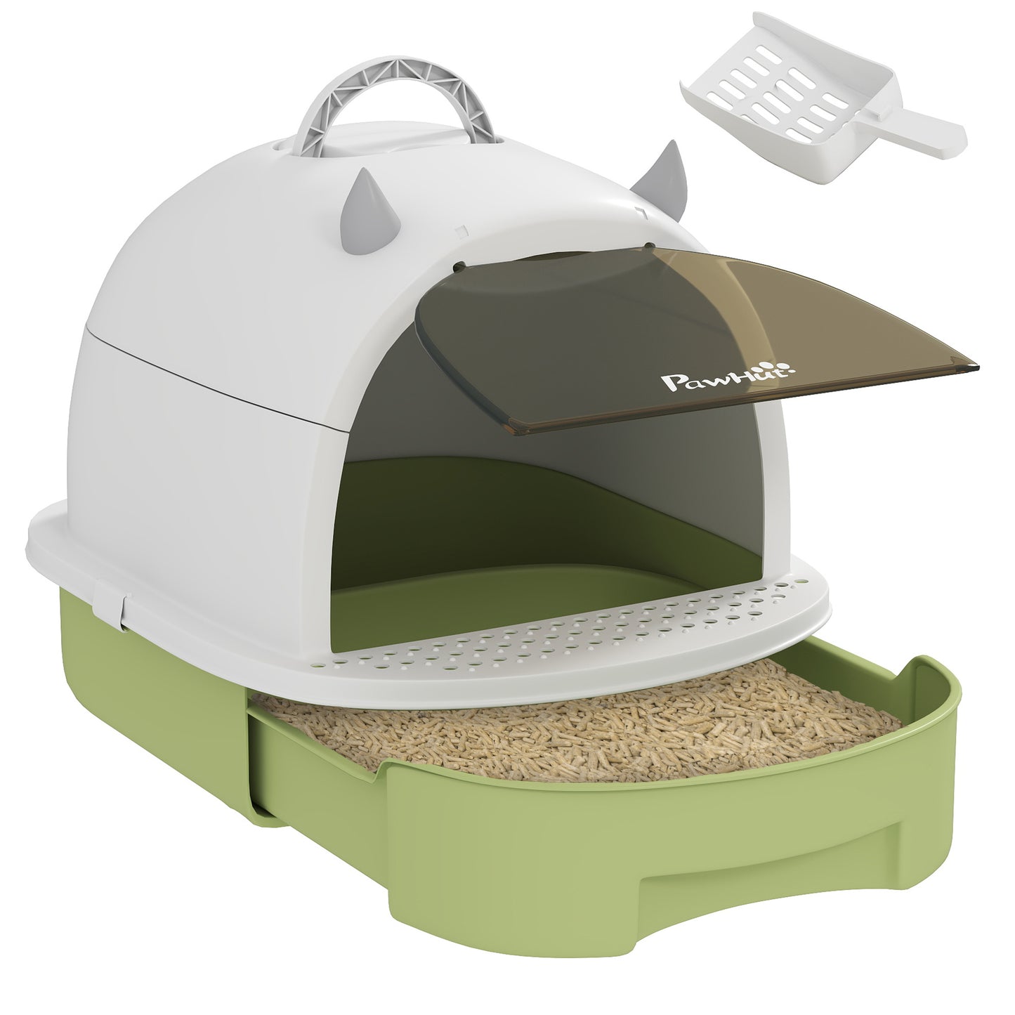 Pawhut Arenero Para Gatos Cubierto Con Bandeja Pala Y Asa Blanco Y Verde_0