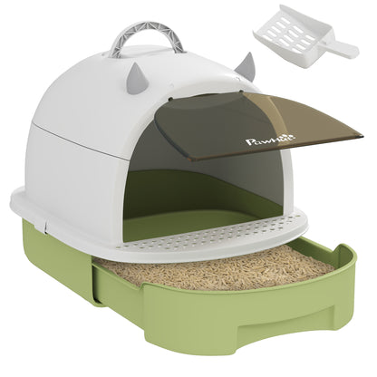 Pawhut Arenero Para Gatos Cubierto Con Bandeja Pala Y Asa Blanco Y Verde_0