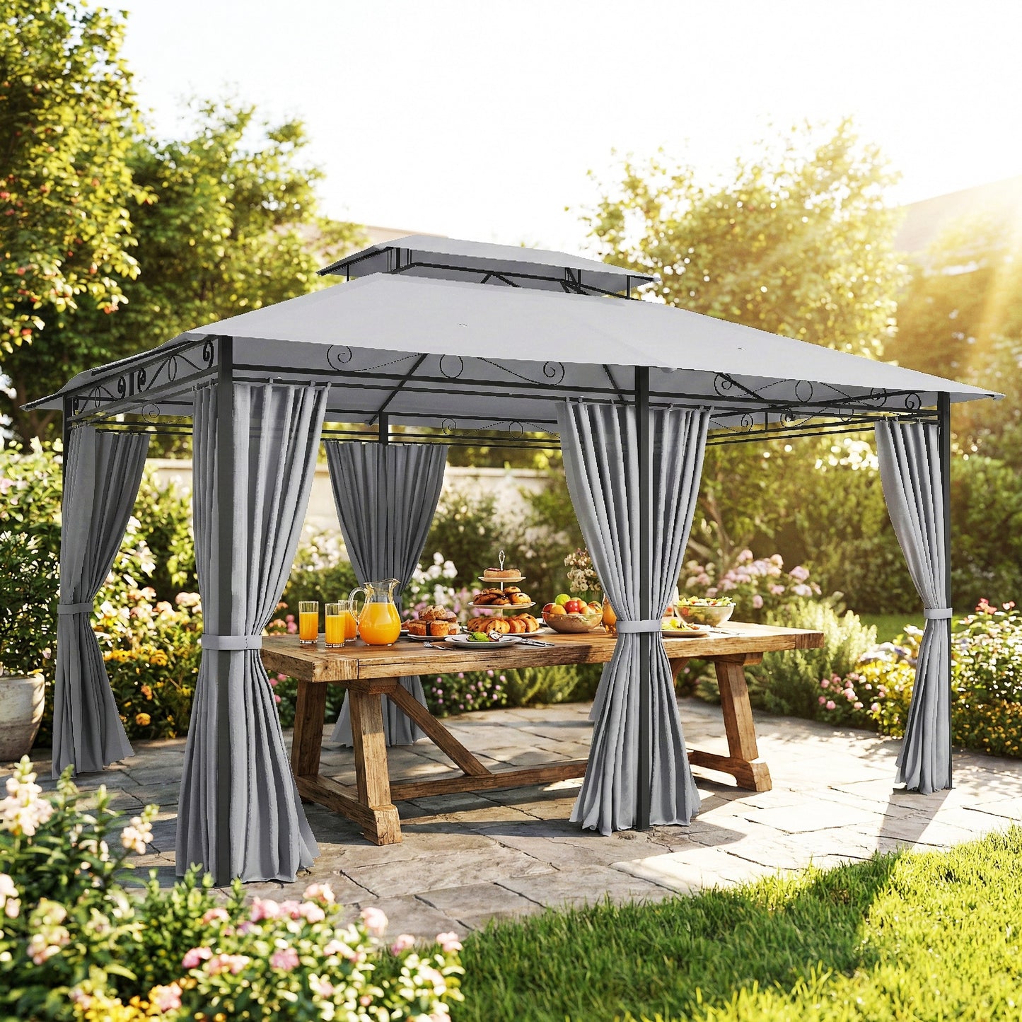 Outsunny Cenador Para Jardín 3x4 M Con Doble Techo Paredes Laterales Gris Oscuro_1