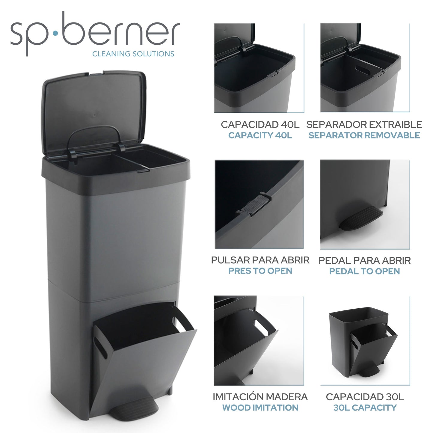 Cubo De Basura O Reciclaje 70l, Vertical, 2 Compartimentos, Papelera Residuos, 76 Cm, Fácil Gestión_3