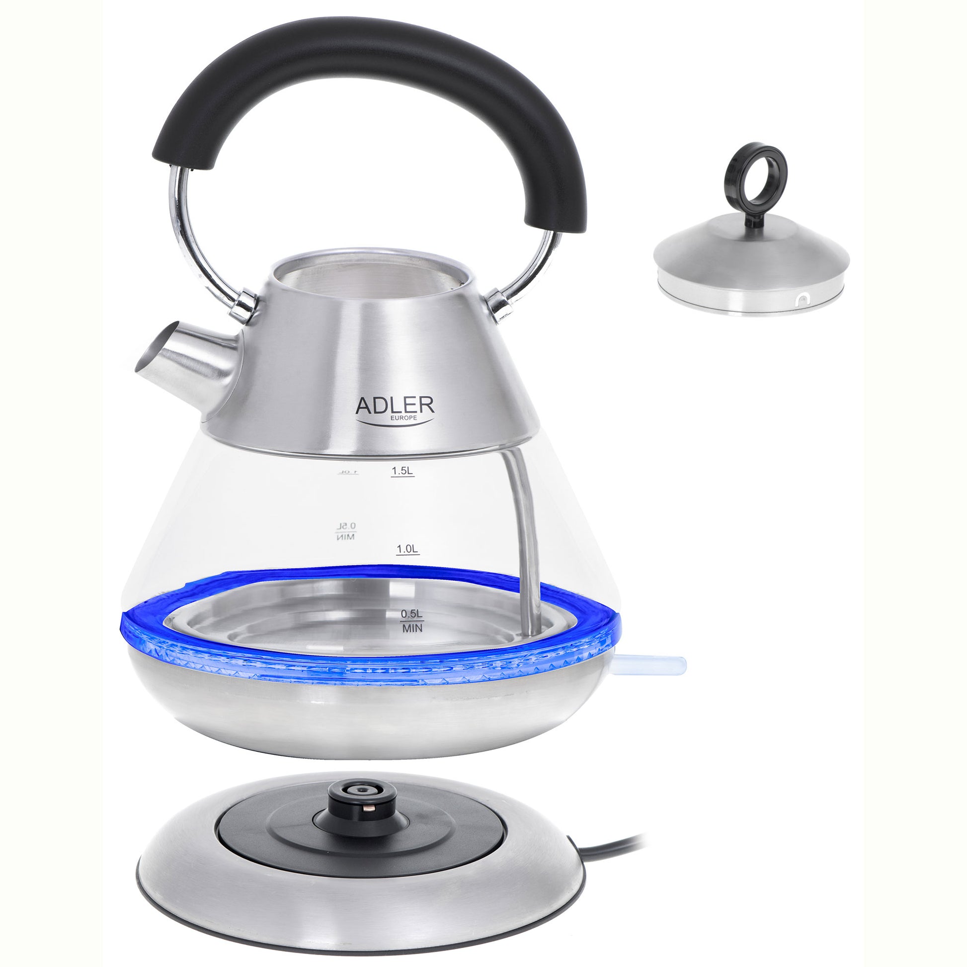 Hervidor Agua Eléctrico 1,5 Litros Jarra Cristal Inalámbrica Retroiluminada, Apagado Automático Adler Ad 1282, 2200w