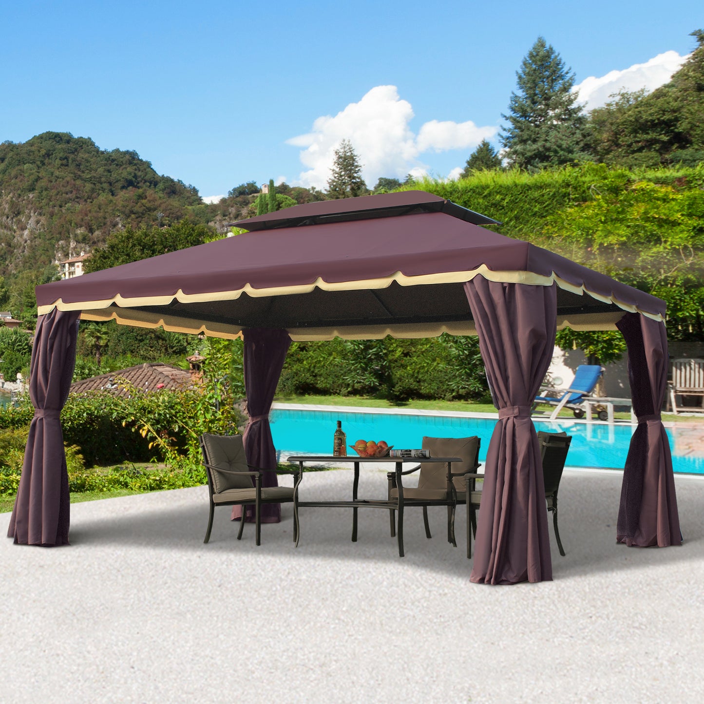 Outsunny Cenador De Jardín 4x3 M Con Doble Techo 4 Cortinas 4 Mosquiteras Café_1