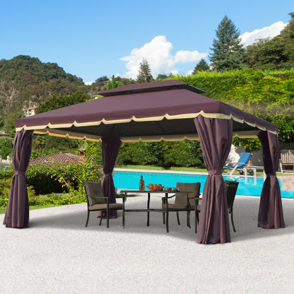 Outsunny Cenador De Jardín 4x3 M Con Doble Techo 4 Cortinas 4 Mosquiteras Café_1