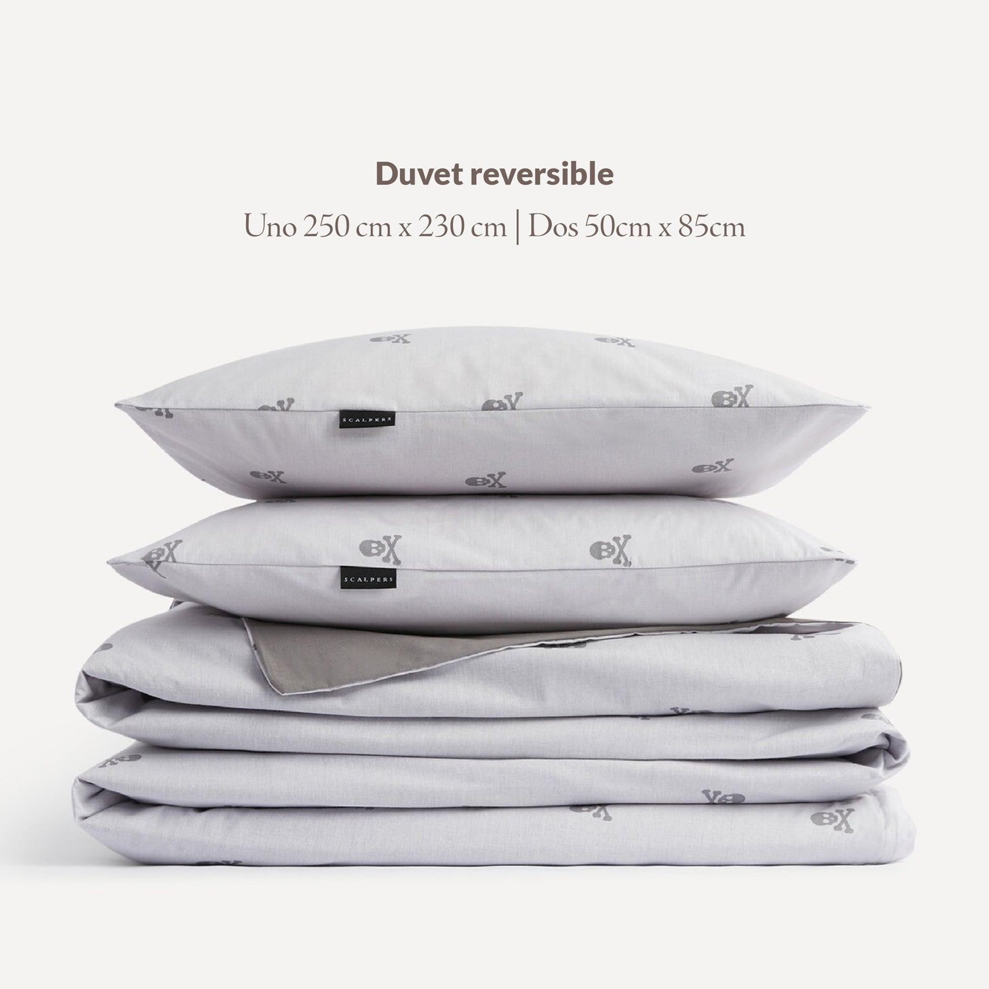 Set Cama (funda Nórdica 250x230cm + 2 Fundas Almohada 50x85cm) 100% Algodón 144tc Gris Oscuro & Gris Claro Calaveras Scalpers Home