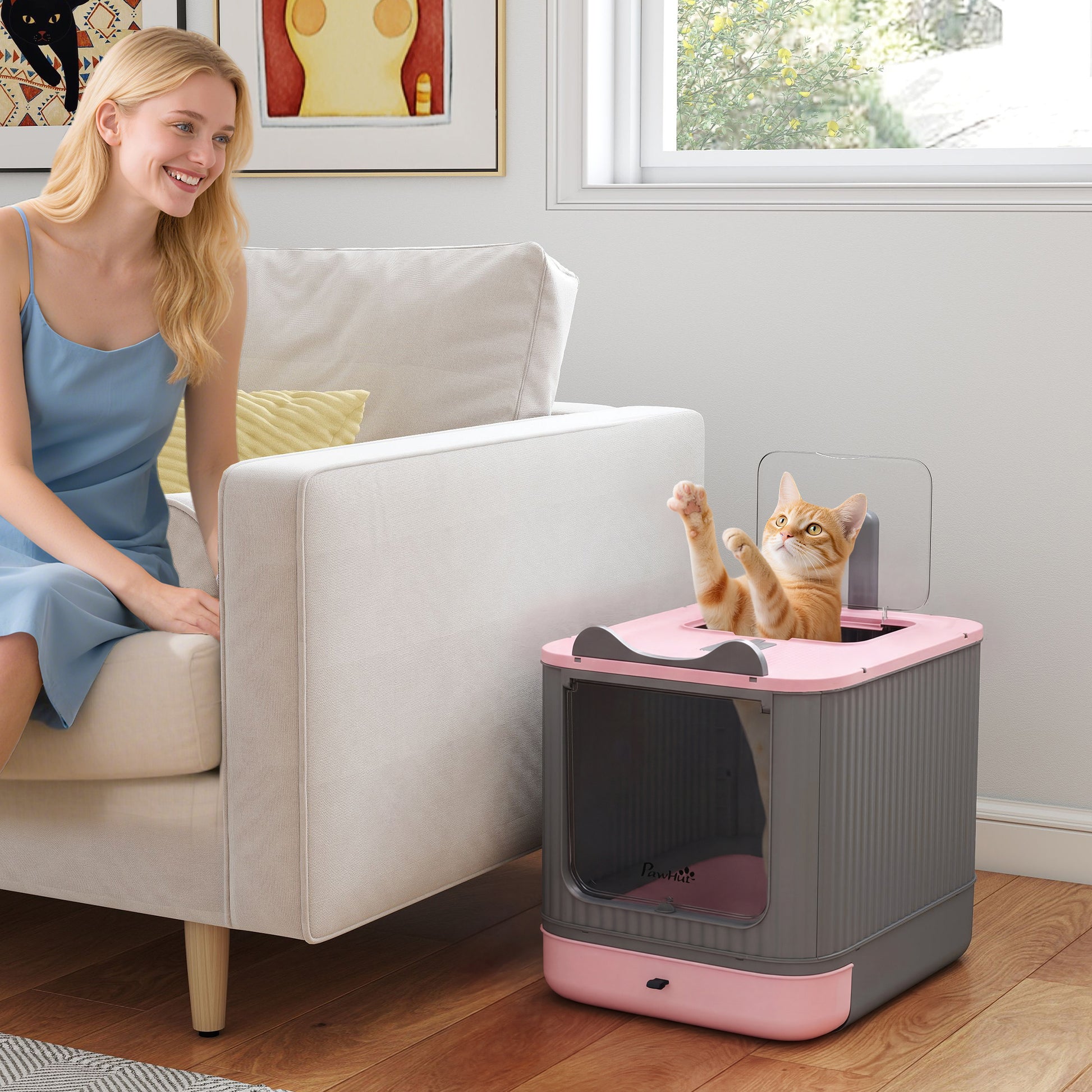 Pawhut Arenero De Gatos Cubierto M Con Tapa Pala Bolsas Desodorantes Rosa_1