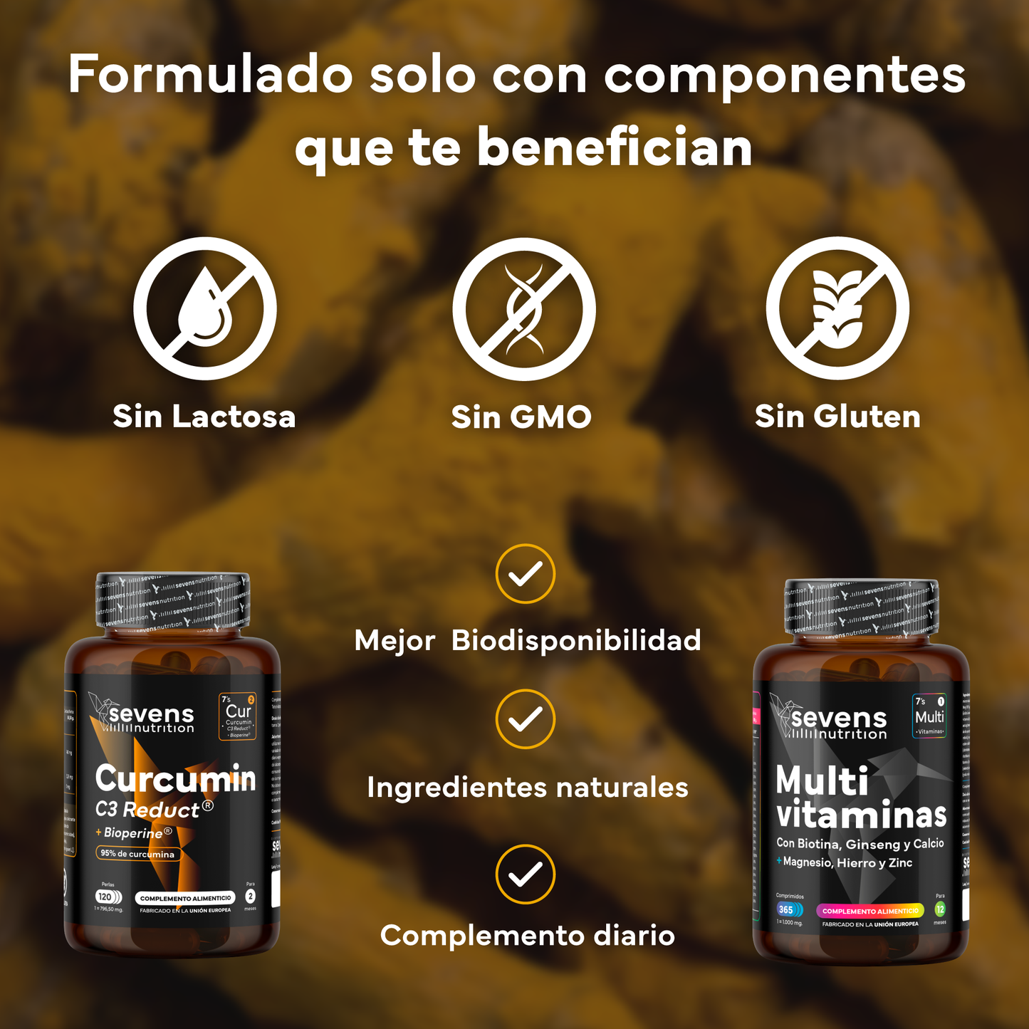 Cúrcuma Con Pimienta Negra + Multivitaminas Con Ginseng. Sevens Nutrition. Antiinflamatorio Y Vitalidad_3