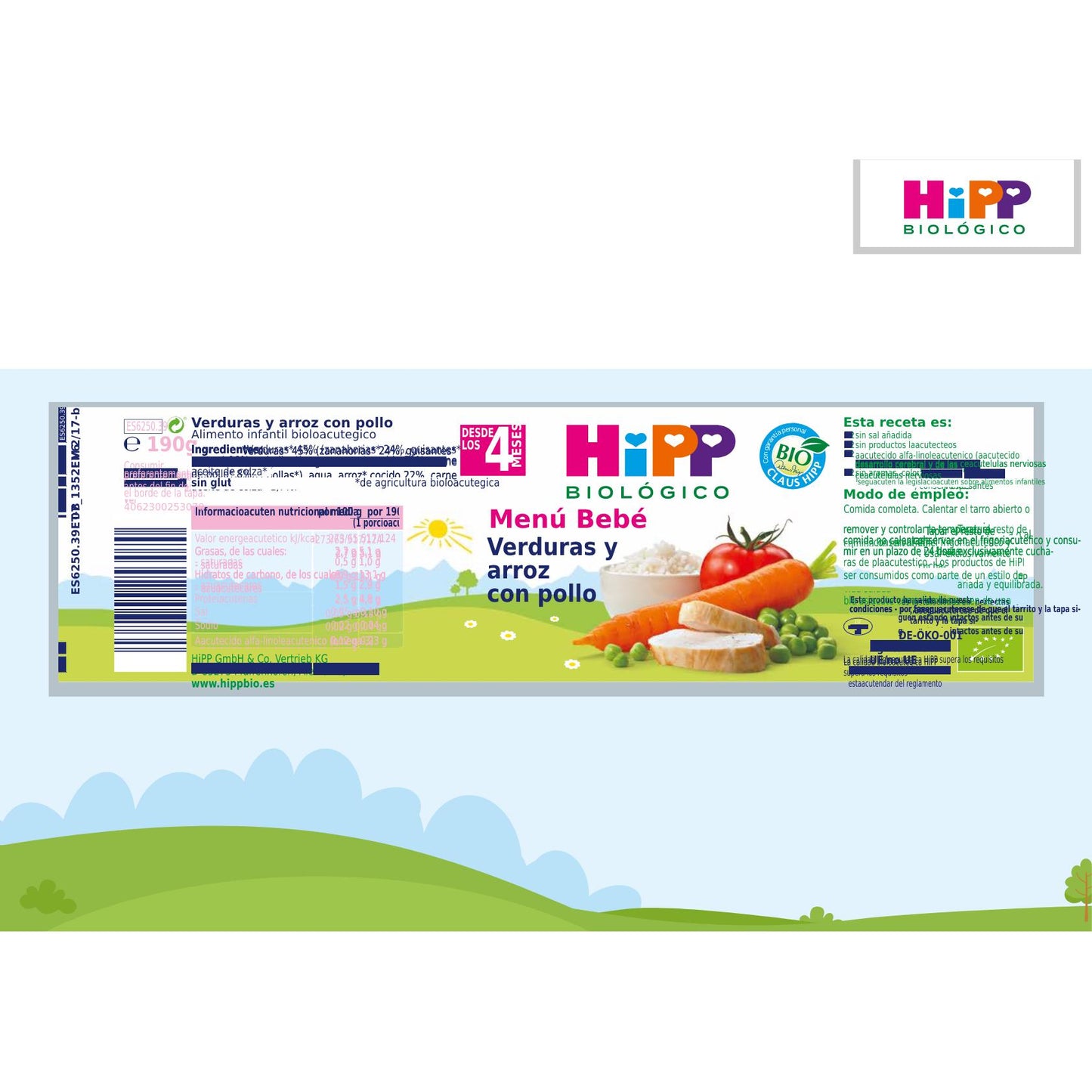 Tarrito de Verduras y Arroz con Pollo BIO a partir de 4 Meses HiPP 190 grHiPP