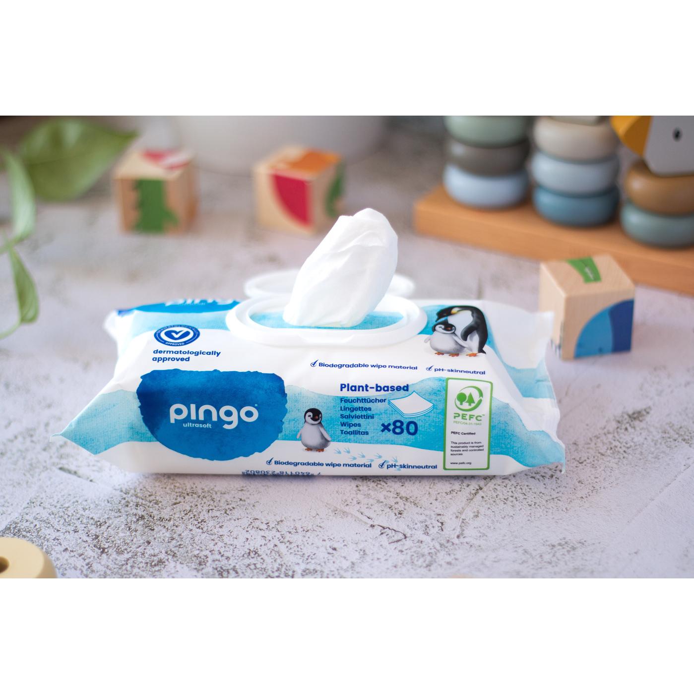 Pack 12 x Toallitas húmedas de bebé 100% biodegradables Pingo 80 uds