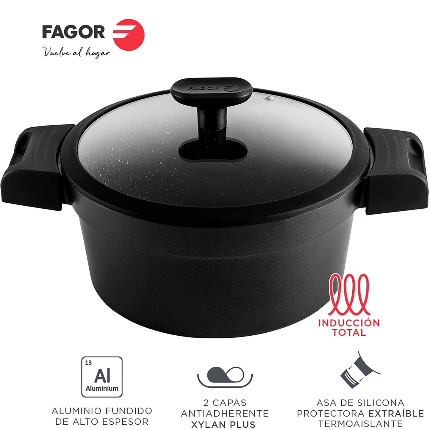 Batería Cocina Inducción 7 Piezas, Antiadherente Sin Pfoa, Aluminio Fundido, Cazuelas Sartenes Fagor Alutherm Negro