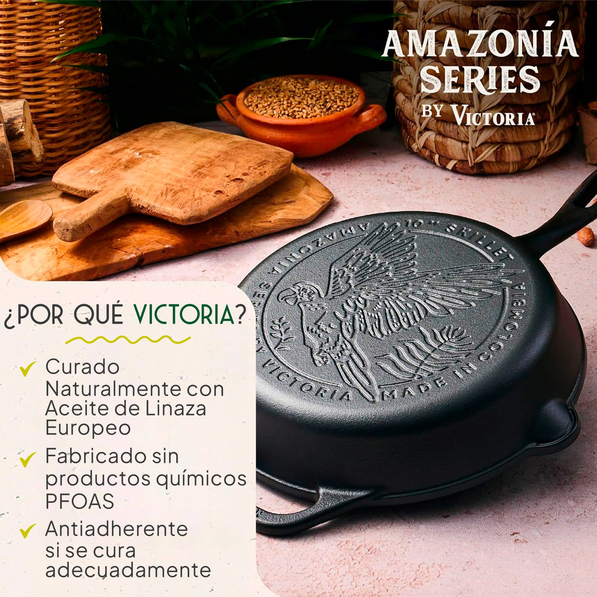 Victoria Sartén Hierro Fundido Curado Amazonía Guacamaya Inducción 25cm, Apta Para Todas las Cocinas_1