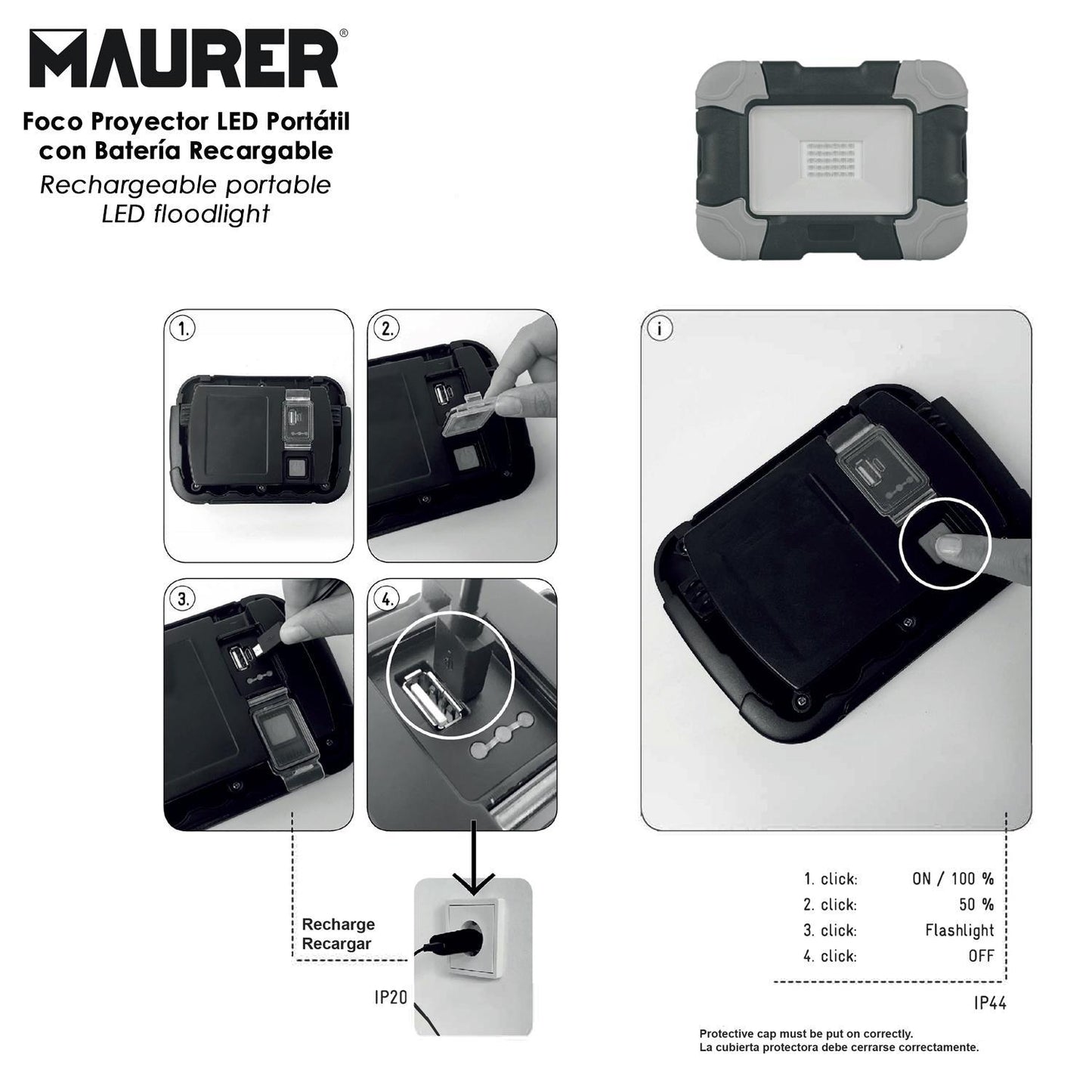 Foco Led Plano Recargable  10 Watt. 800 Lumenes Luz Blanca 4000ºk Protección Ip44. Portatil Proyector Led Obras