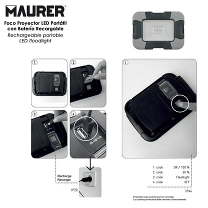 Foco Led Plano Recargable  10 Watt. 800 Lumenes Luz Blanca 4000ºk Protección Ip44. Portatil Proyector Led Obras