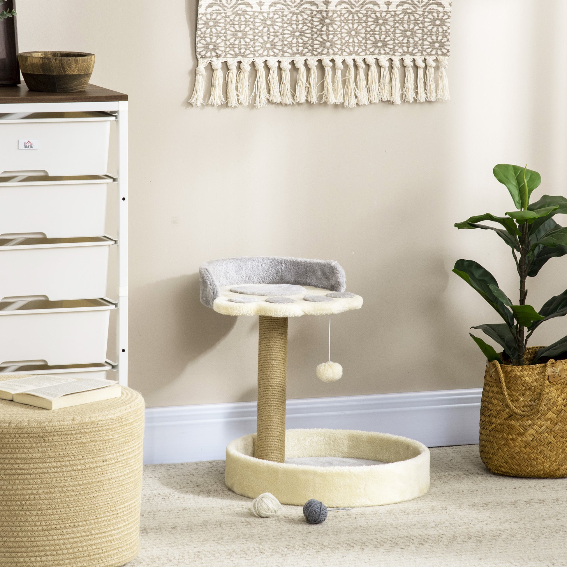 Pawhut Árbol Rascador Para Gatos Altura 44 Cm Con 2 Camas Poste Yute Gris Claro_1