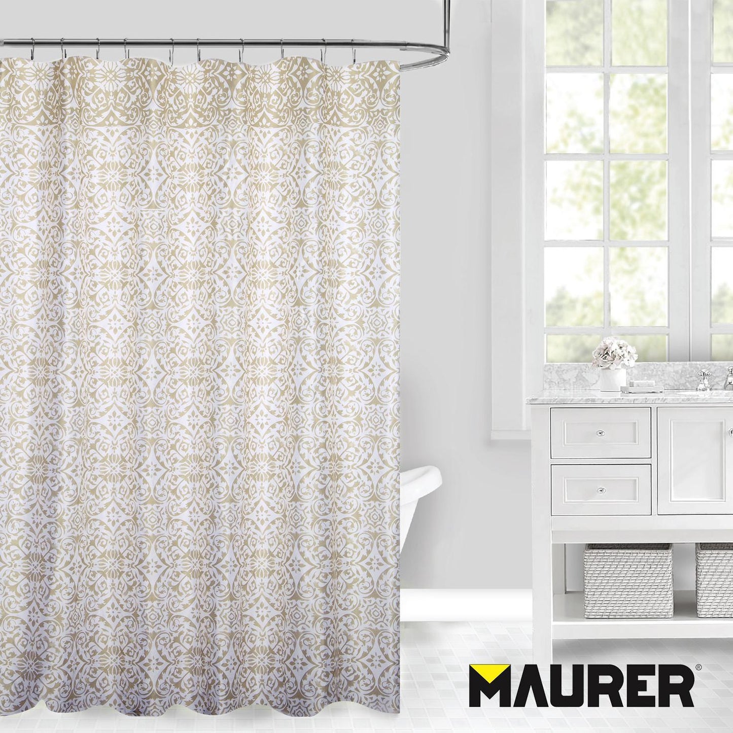 Cortina Ducha Tela Geometria Rosoni 180 X 200 Cm. Cortina Baño, Cortina Tela Impermeable Con Anillas_2