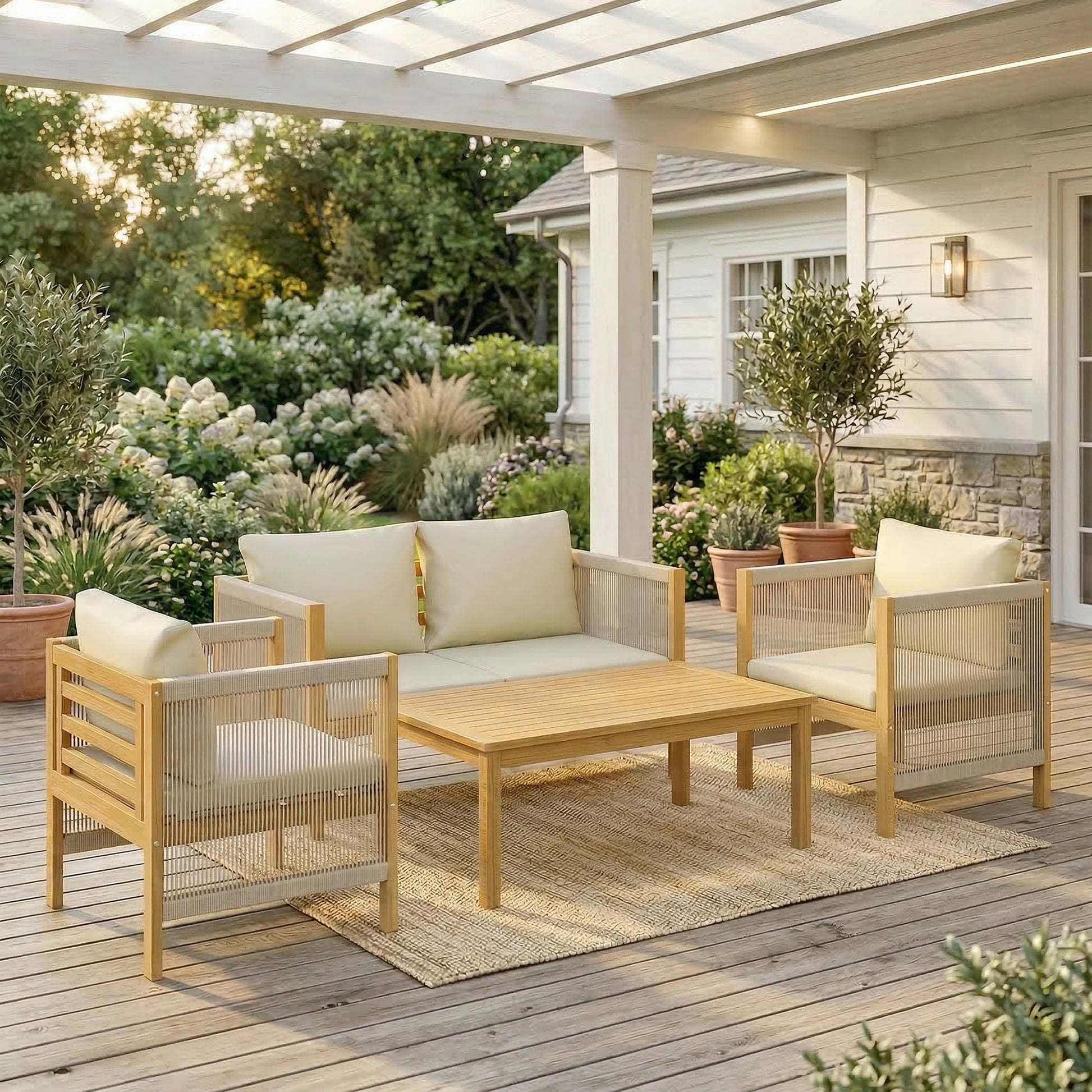 Outsunny Conjunto De Jardín Exterior De 4 Piezas Con Cojines Natural Y Beige_1