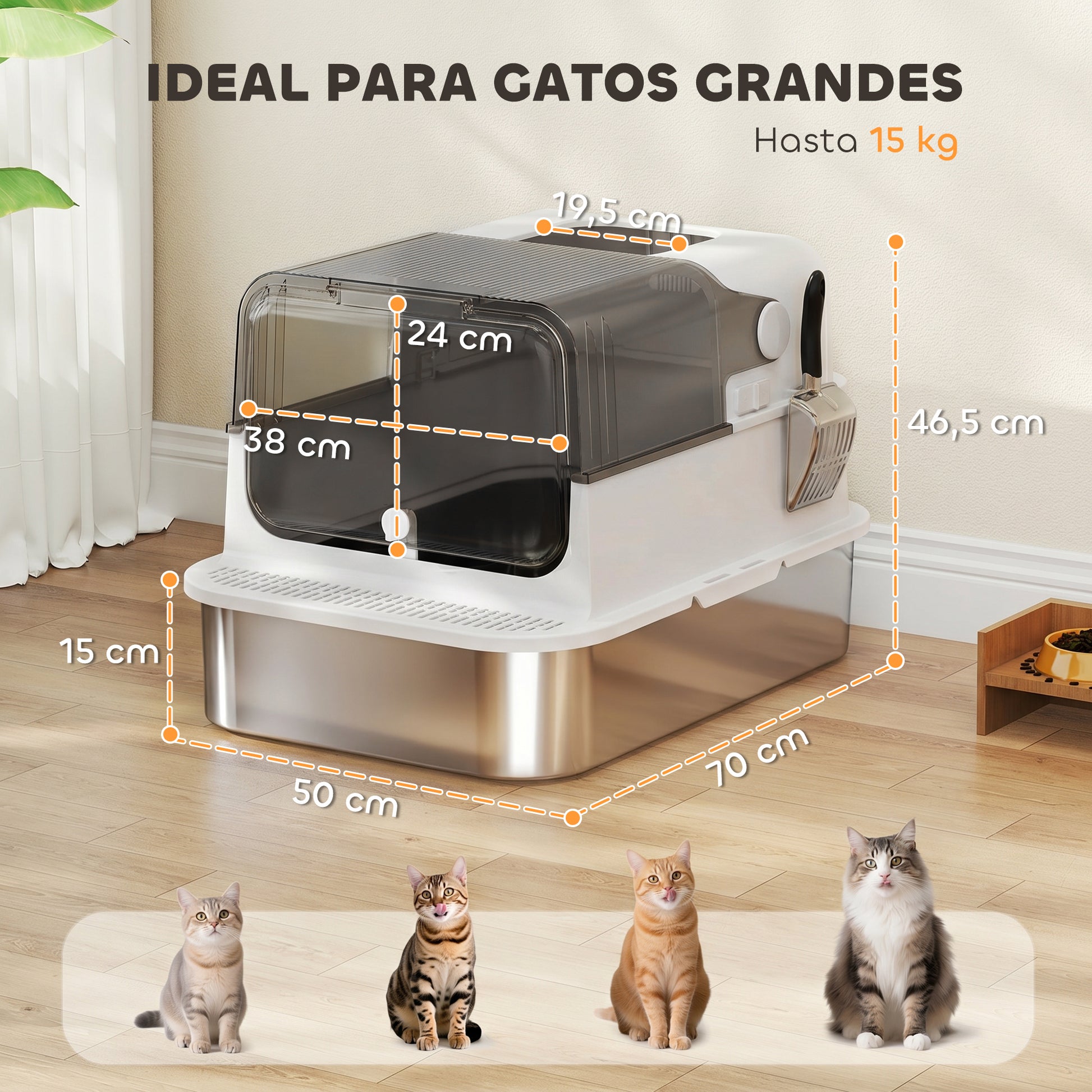Pawhut Arenero Para Gatos De Acero Inoxidable Xxl Tapa Abatible Blanco_2