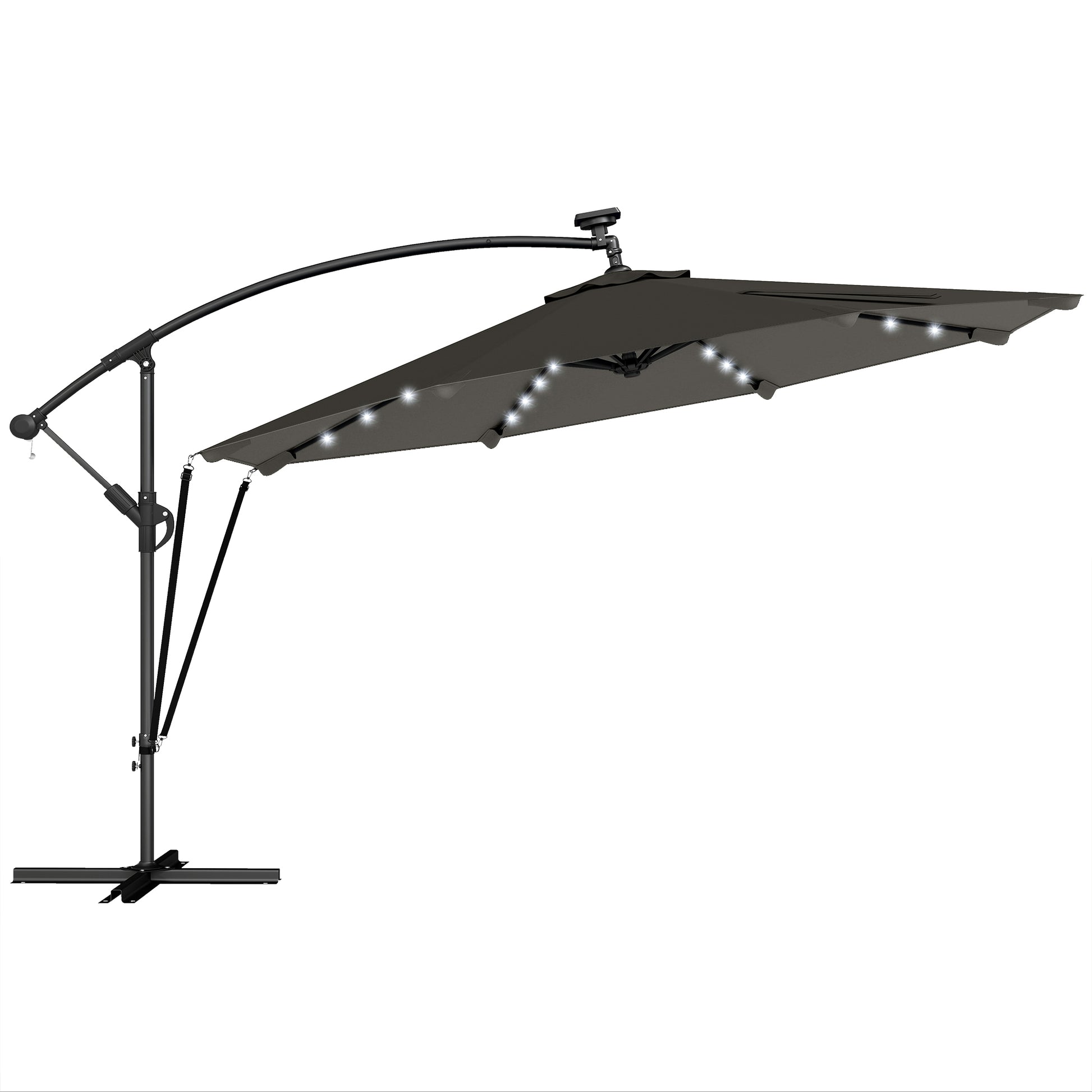 Outsunny Parasol Excéntrico De Aluminio Con Luces Led Base Cruzada Ø345 Cm Gris_0