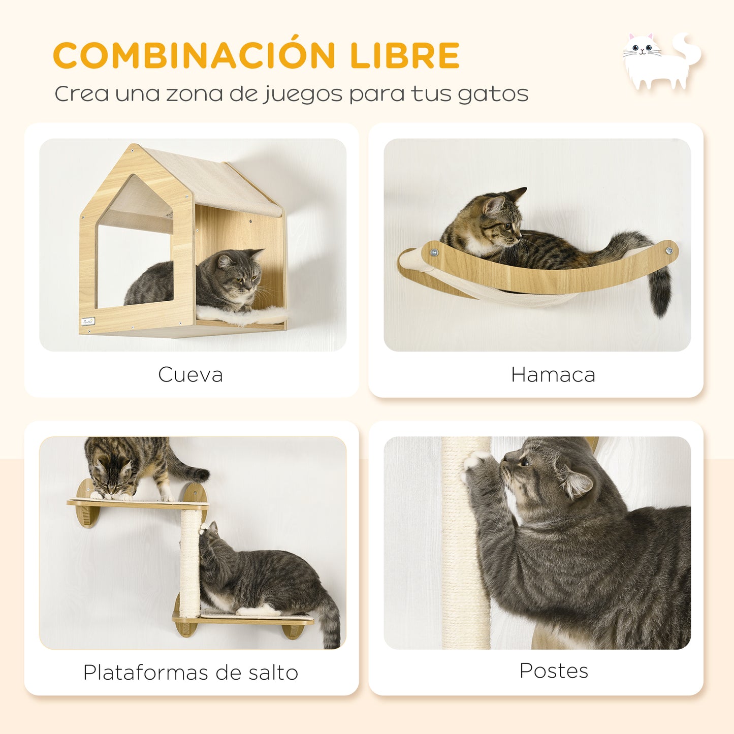 Pawhut Conjunto De Casa Para Gatos Y Estantes Para Gatos 35x35x81 Cm Roble_5