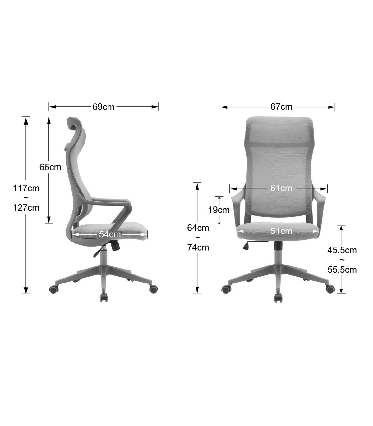 Silla Despacho Giratoria Elevable Con Reposacabezas Acabado Gris, 67m(ancho) 117/127cm(alt_4