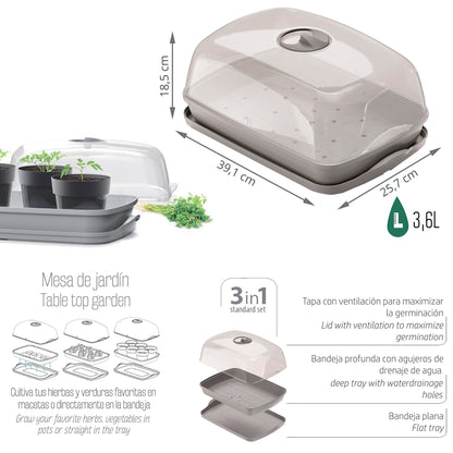 Semillero/bandeja Multiusos Con Tapa De Policarbonato Respana Table Greenhouse 3,6l., Dimensiones (mm) 391x257x185, Color Gris Piedra