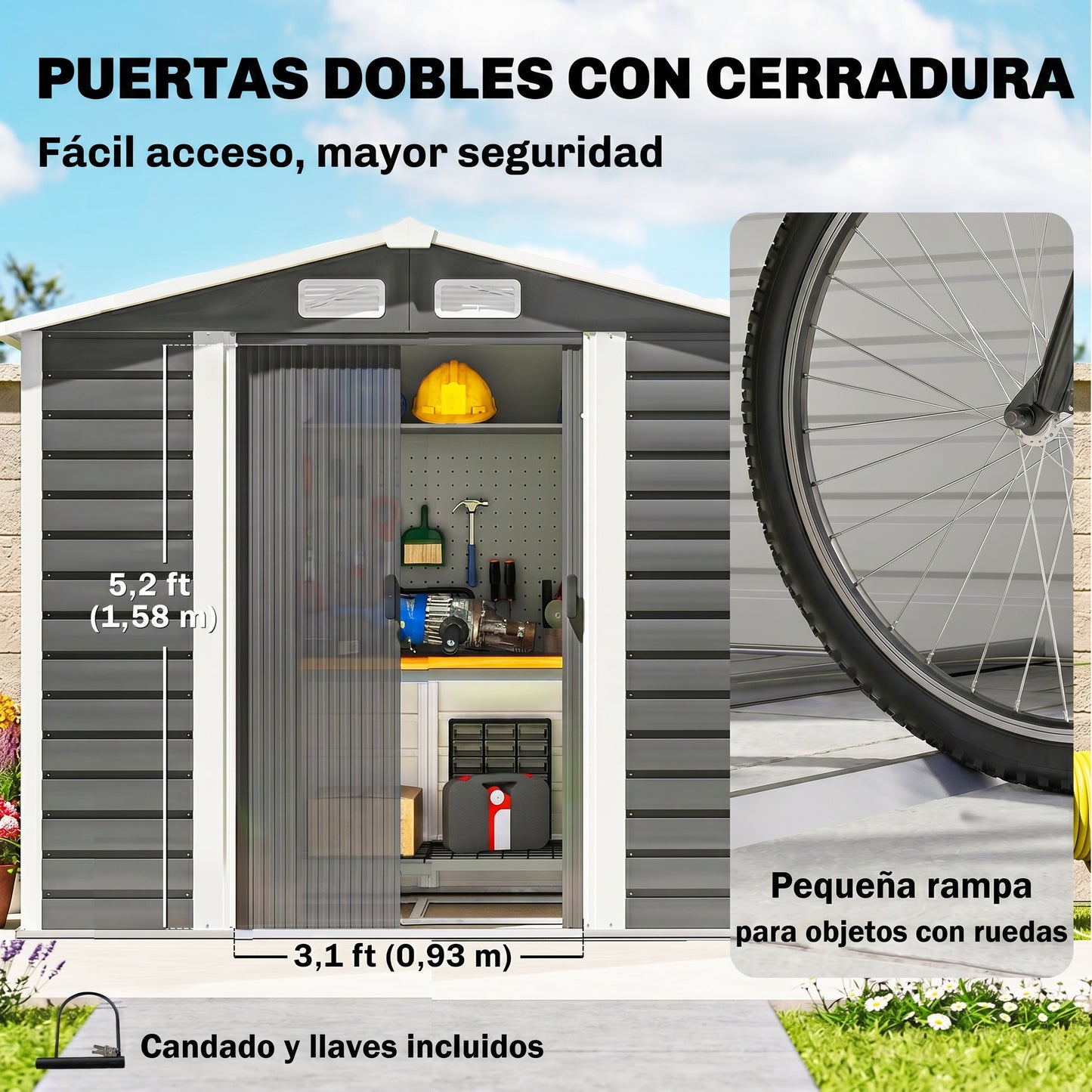 Outsunny Caseta De Jardín Exterior 2,36m² 213x120x194 Cm Gris Oscuro_5