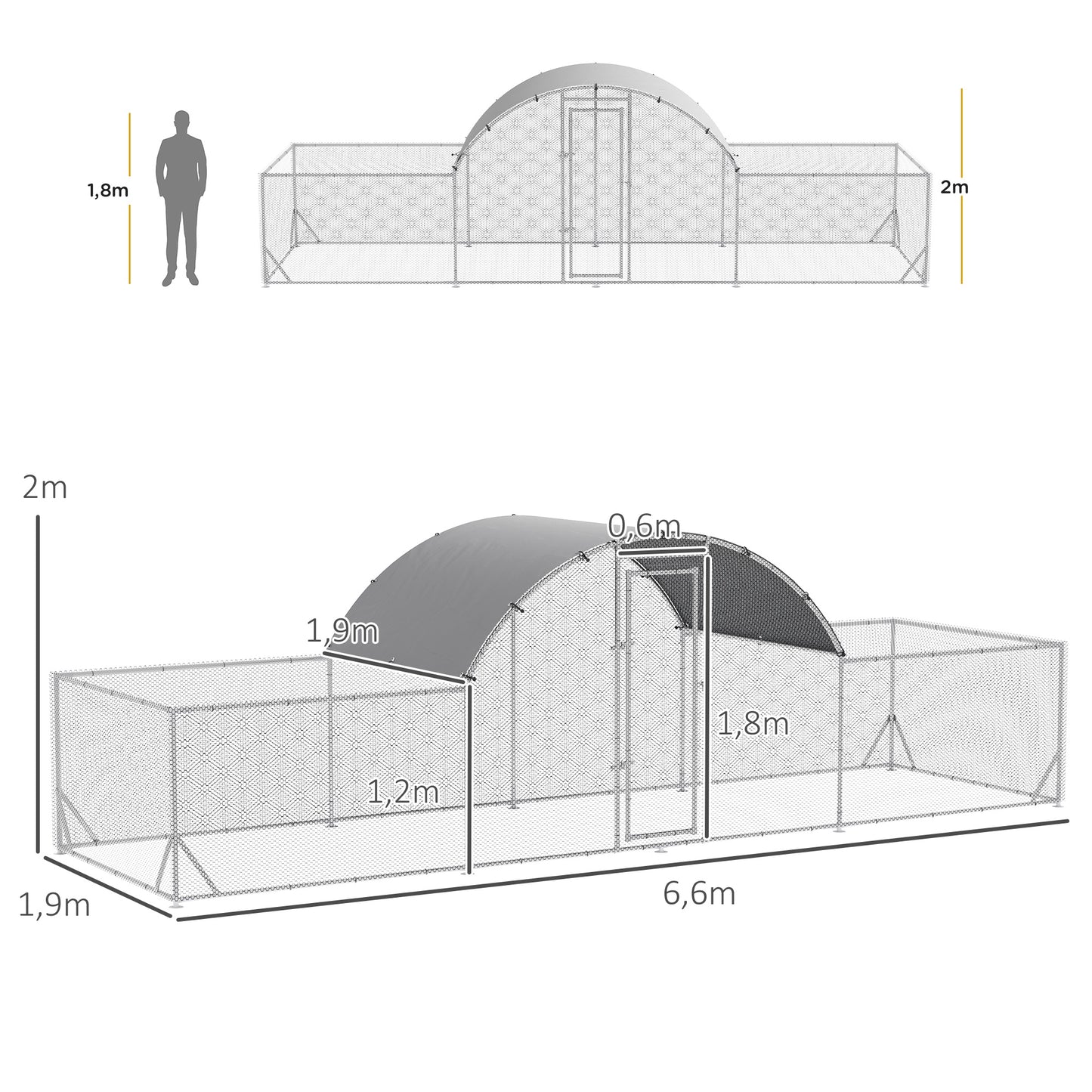 Pawhut Gallinero De Exterior 6,6x2x2m Cubierta De Pe Anti-uv E Impermeable Plata_2