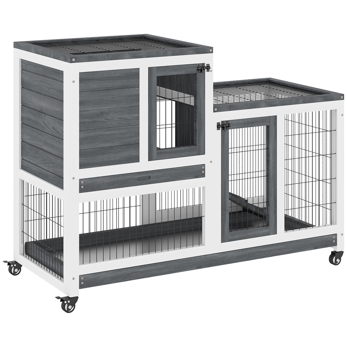 Conejera De Madera Interior Con Ruedas Pawhut 110x50x86 Cm Gris_0