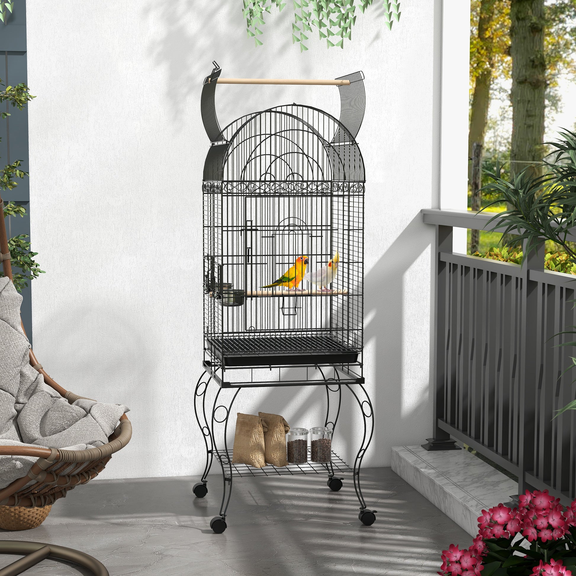 Pawhut Jaula De Pájaros Con Ruedas Bandeja Extraíble 51x51x153 Cm Negro_1